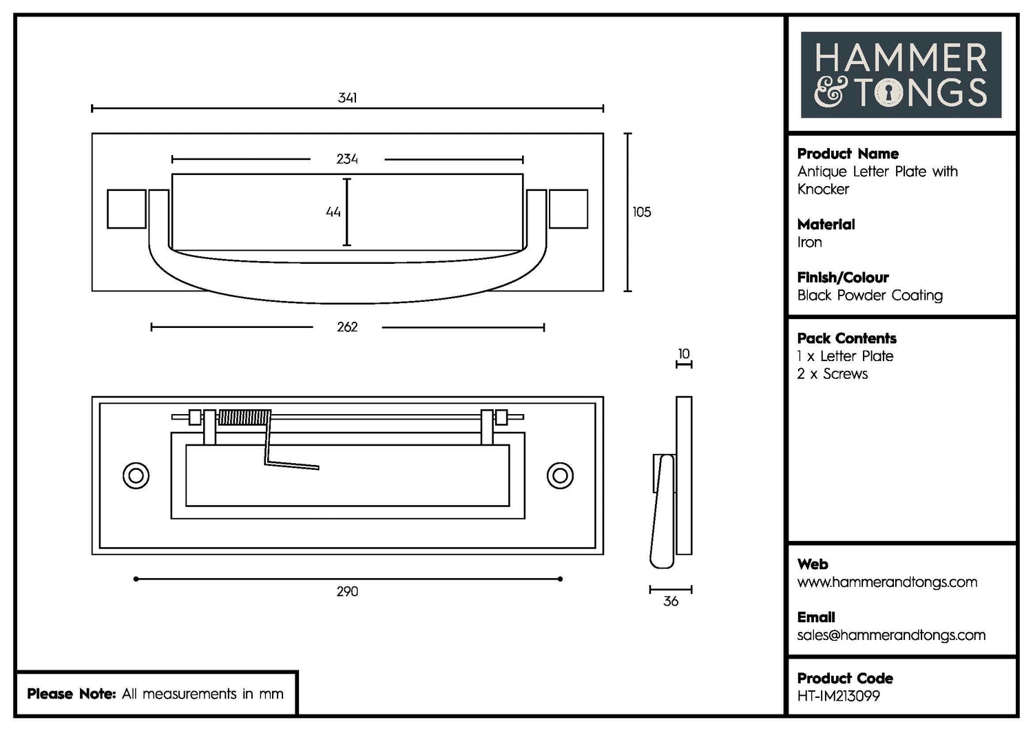 340 x 105mm Black Antique Letter Plate with Knocker