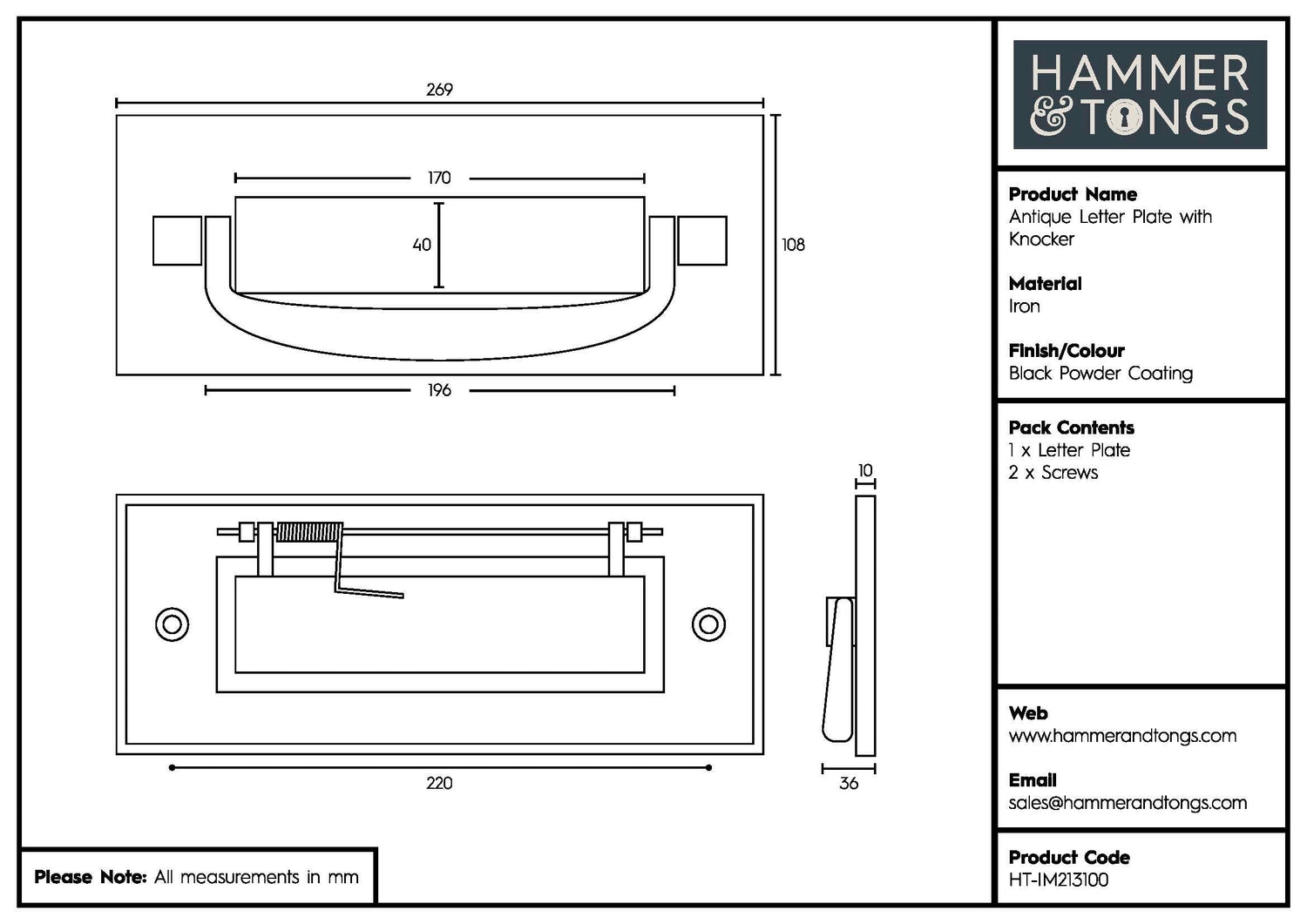 270 x 110mm Black Antique Letter Plate with Knocker