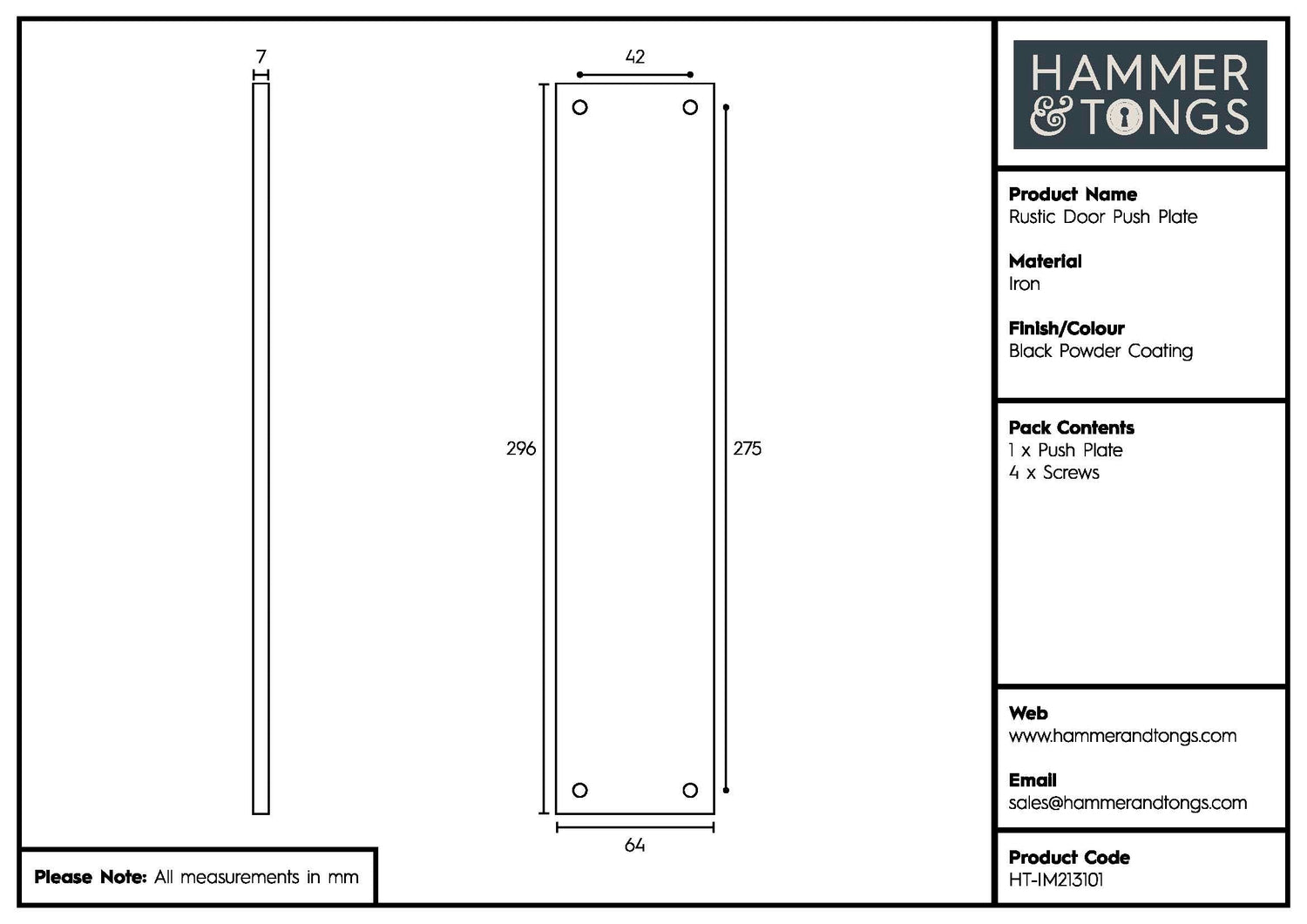Rustic Door Push Plate - W65mm x H295mm - Black