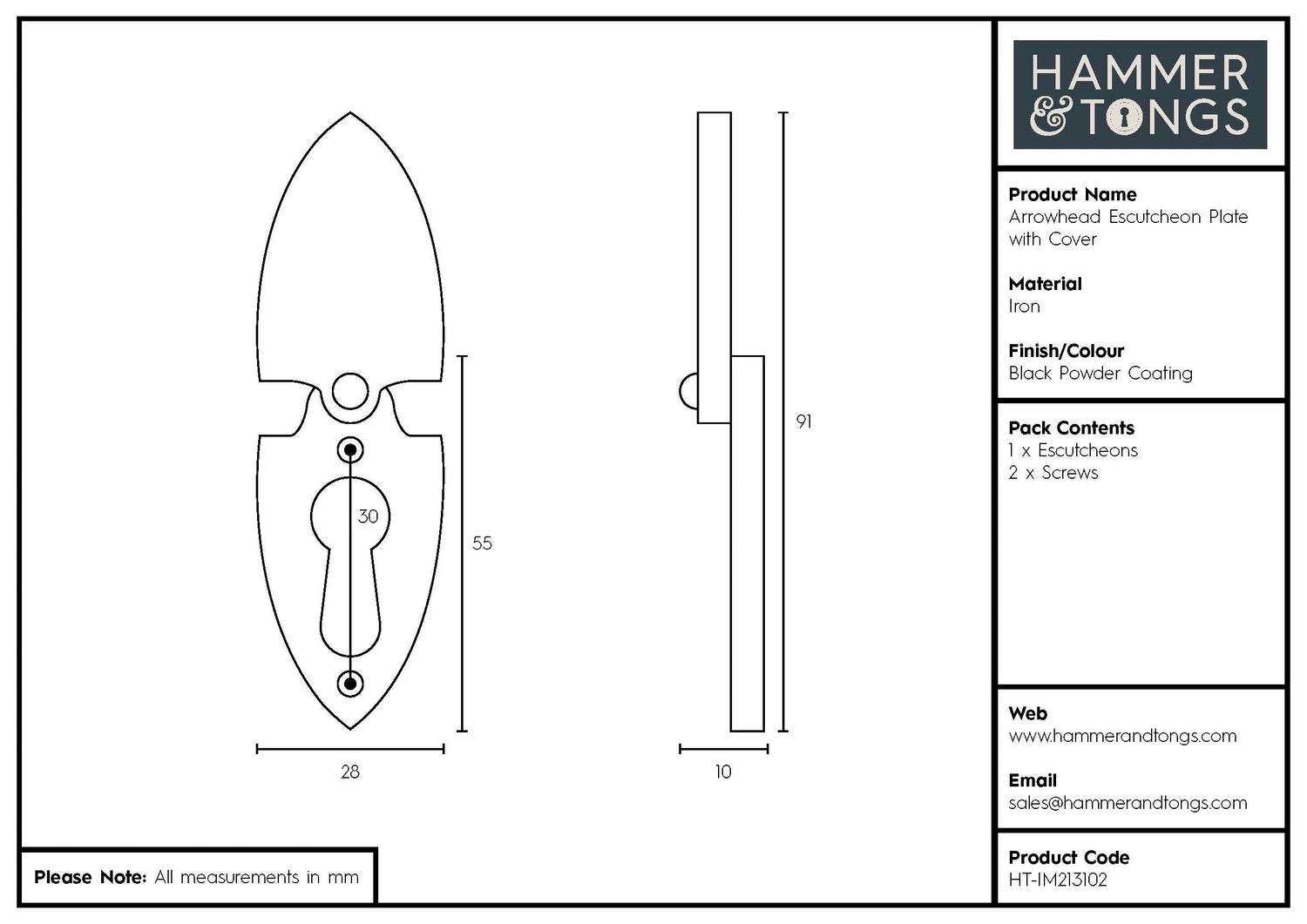 Arrowhead Escutcheon Plate with Cover - W30mm x H55mm - Black