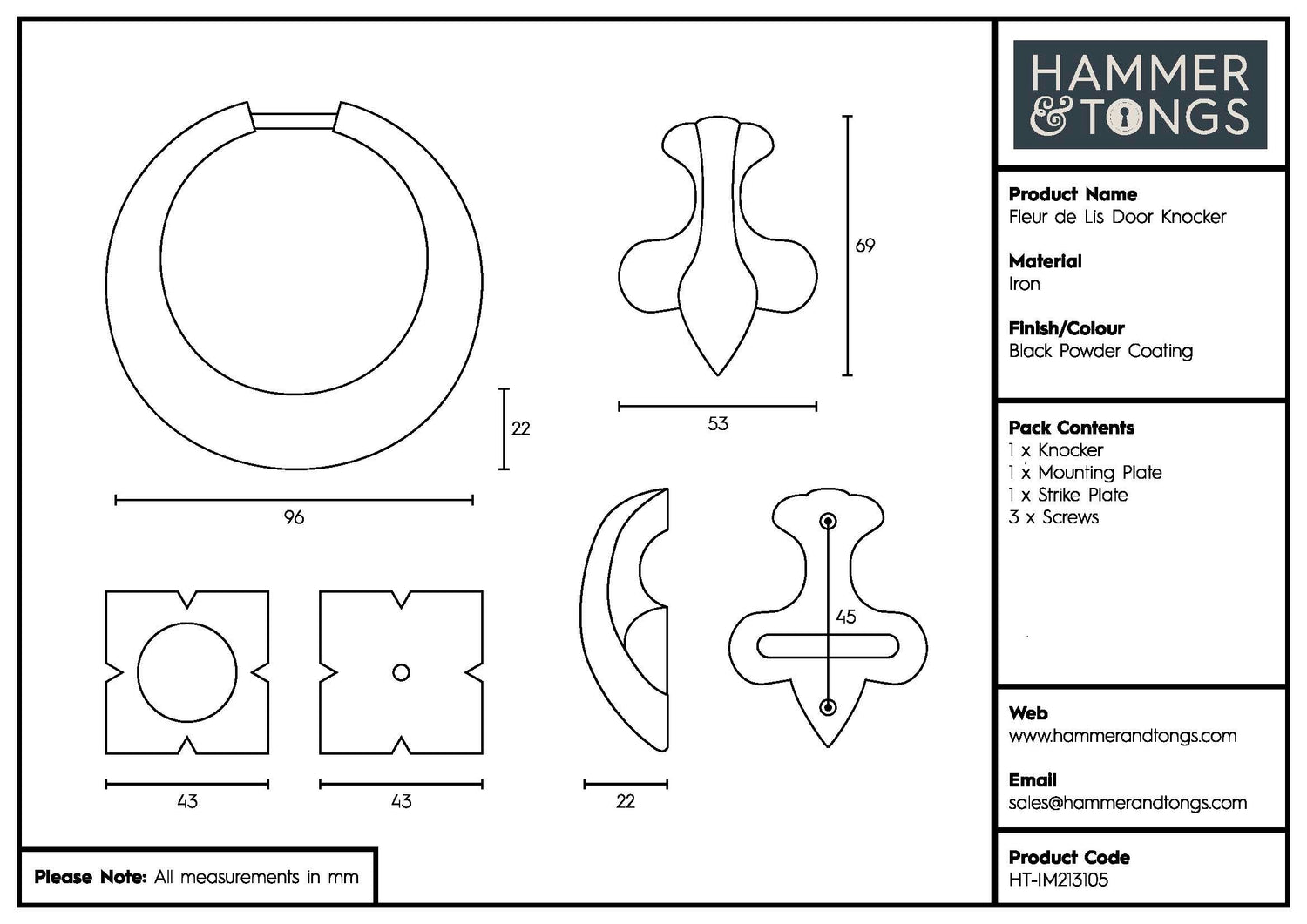 Fleur De Lis Door Knocker - H140mm - Black