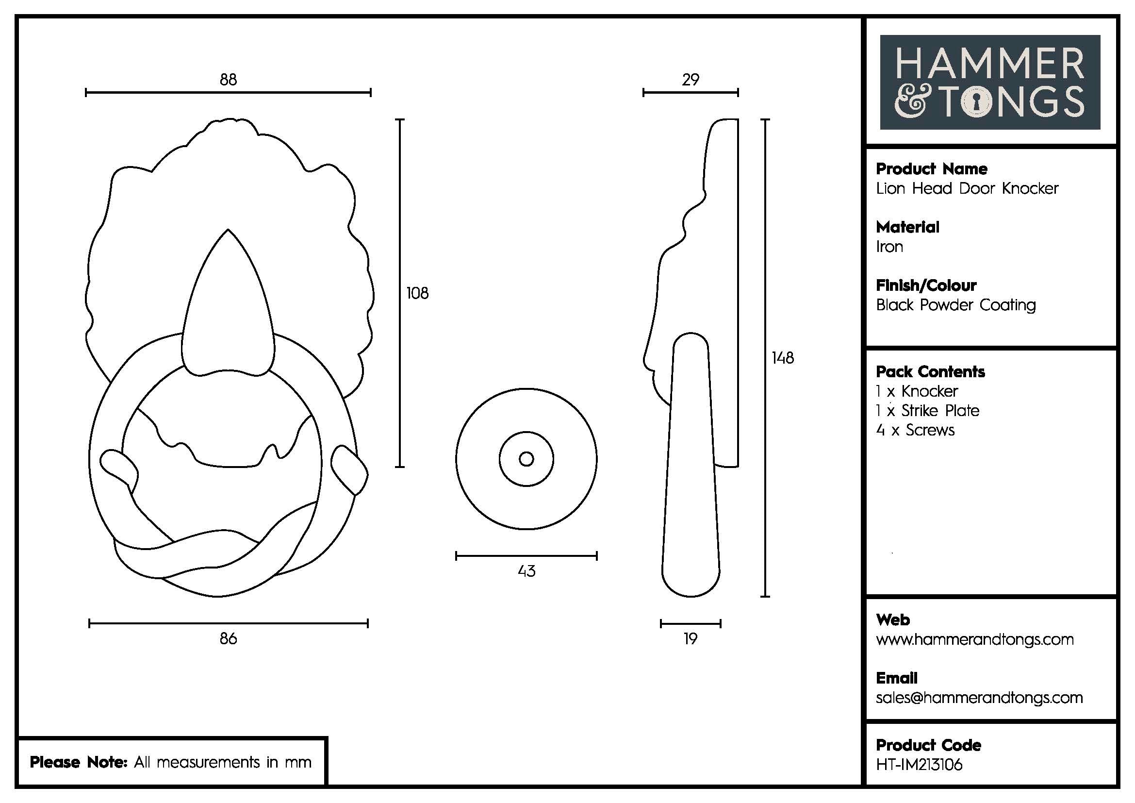 Lion Head Door Knocker - H150mm - Black