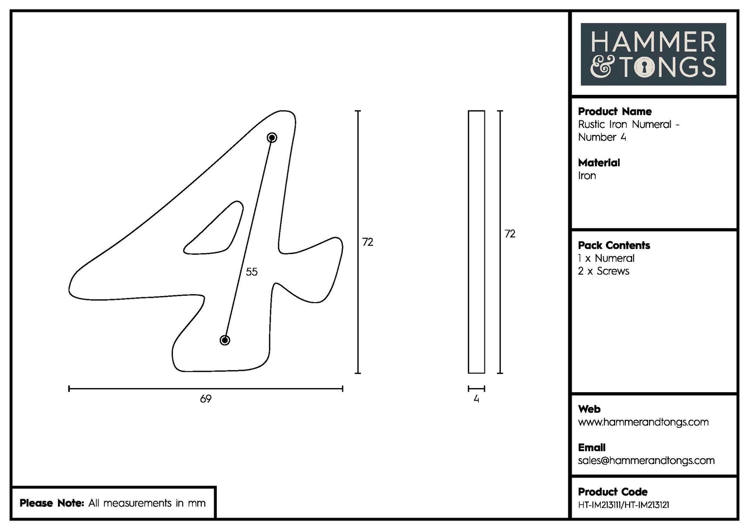 Number 4 Black 80mm Rustic Iron House Number