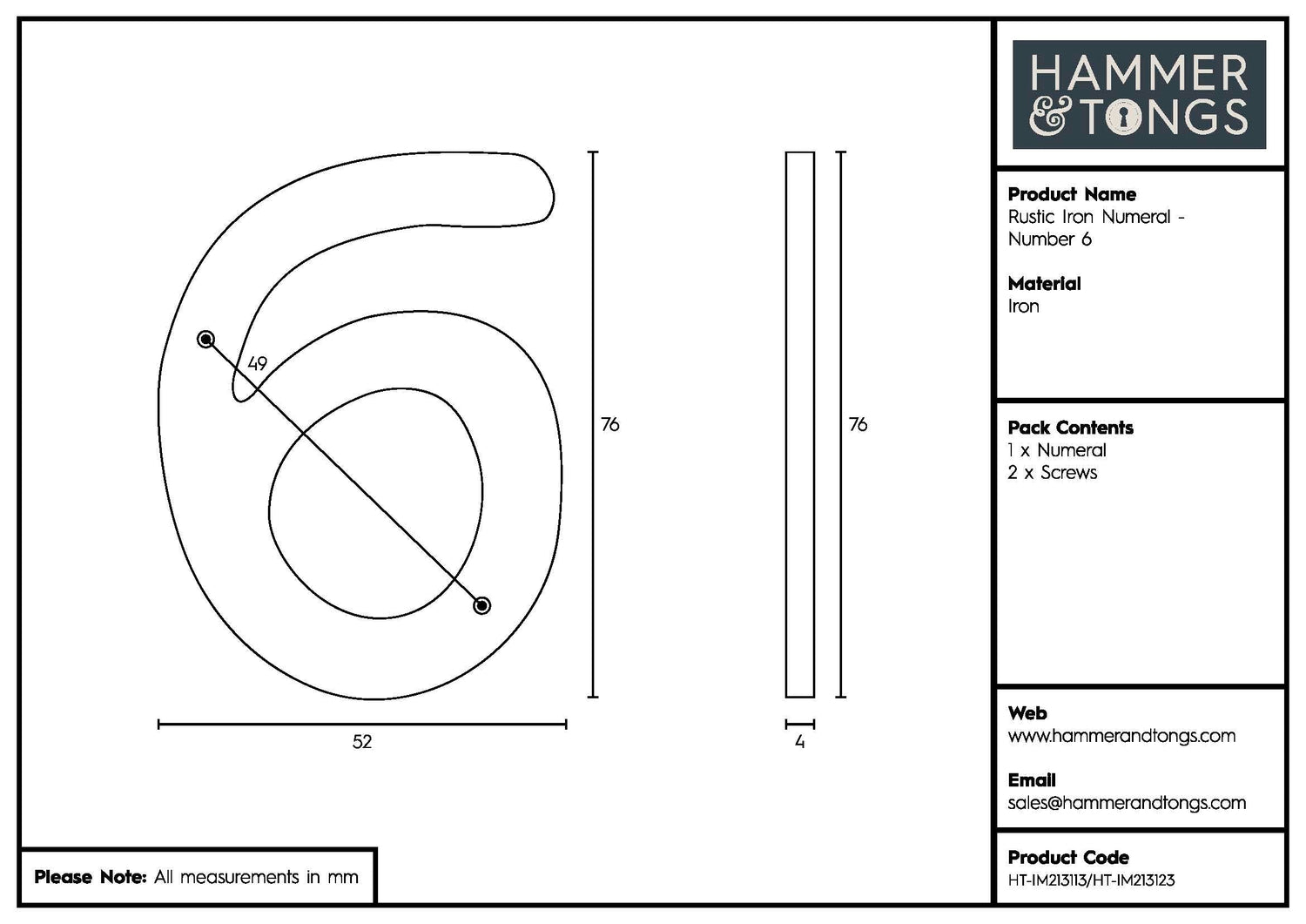 Number 6 Black 80mm Rustic Iron House Number