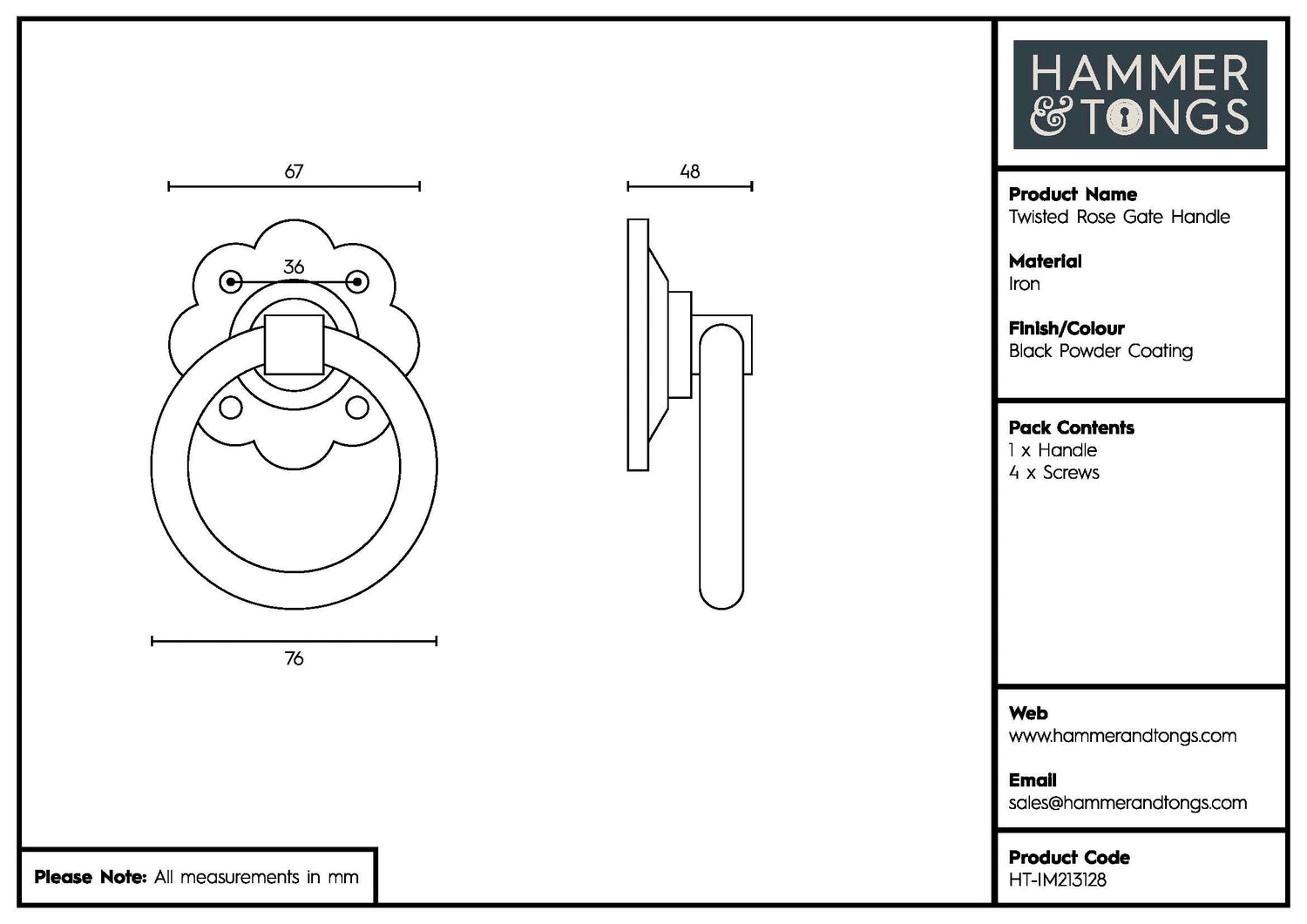 Twisted Rose Gate Handle - W75mm - Black