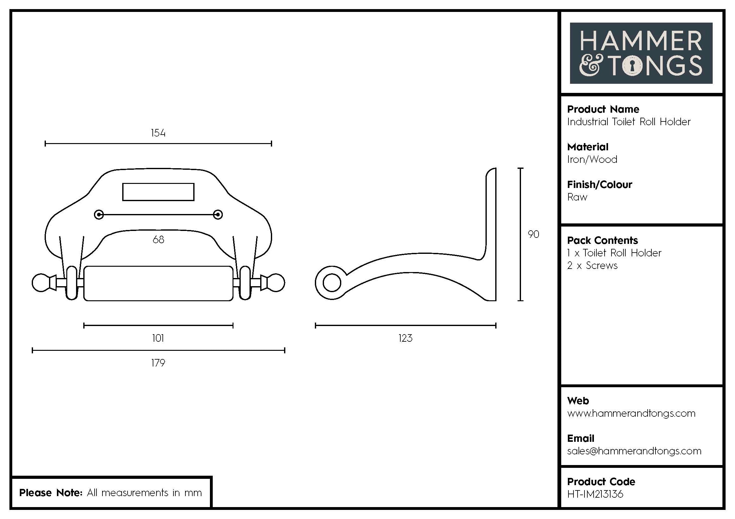 Industrial Toilet Roll Holder - W180mm - Raw