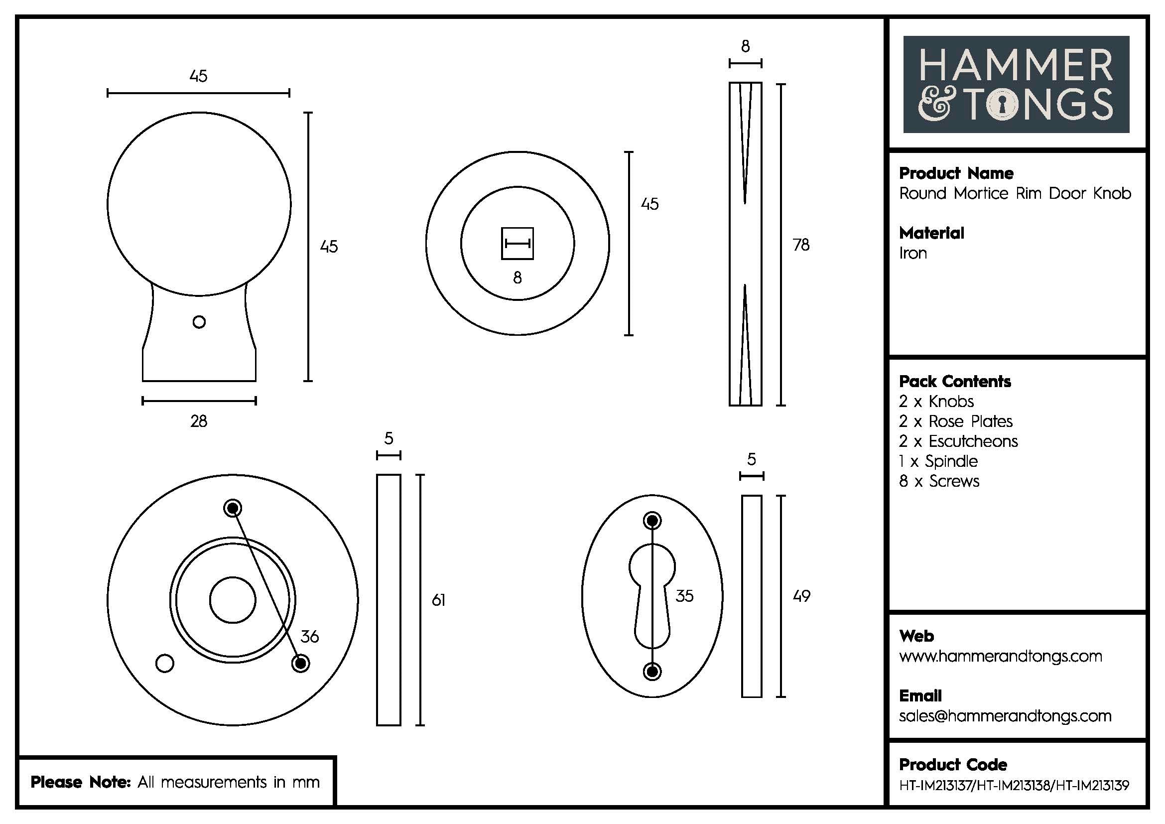 Round Rim & Mortice Door Knob - W60mm