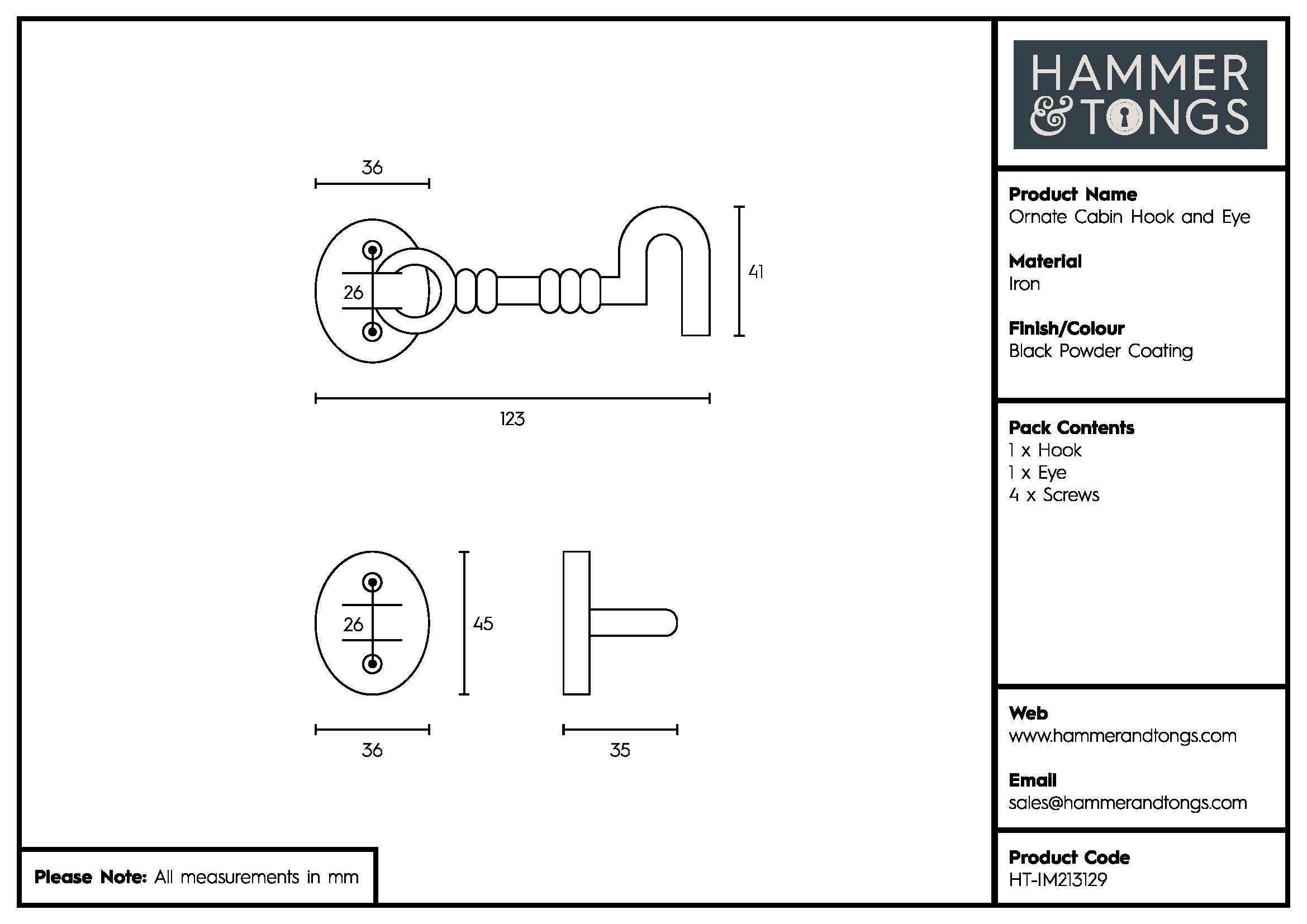 125mm Black Ornate Cabin Hook and Eye