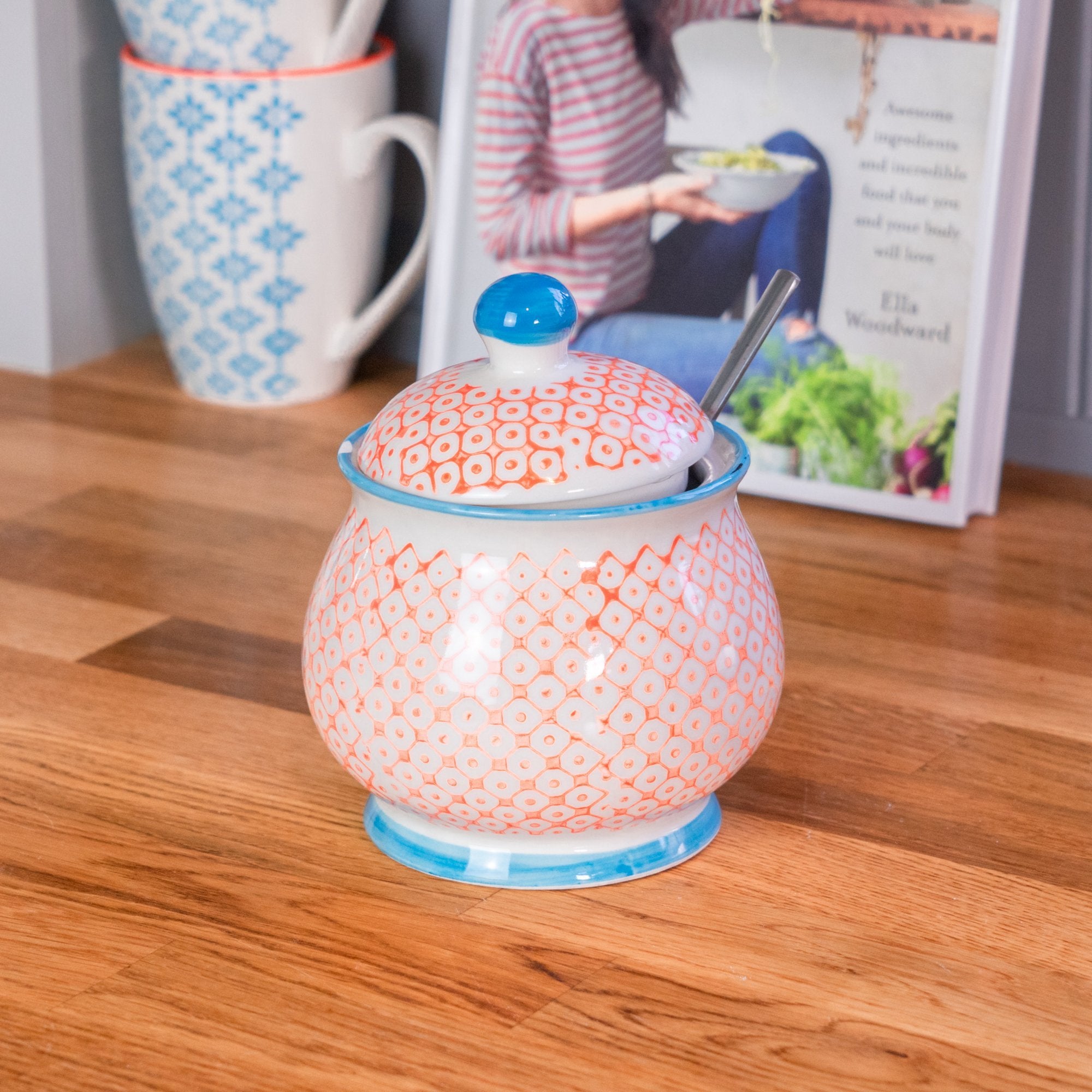 Nicola Spring Patterned Sugar Bowl - Orange and Blue