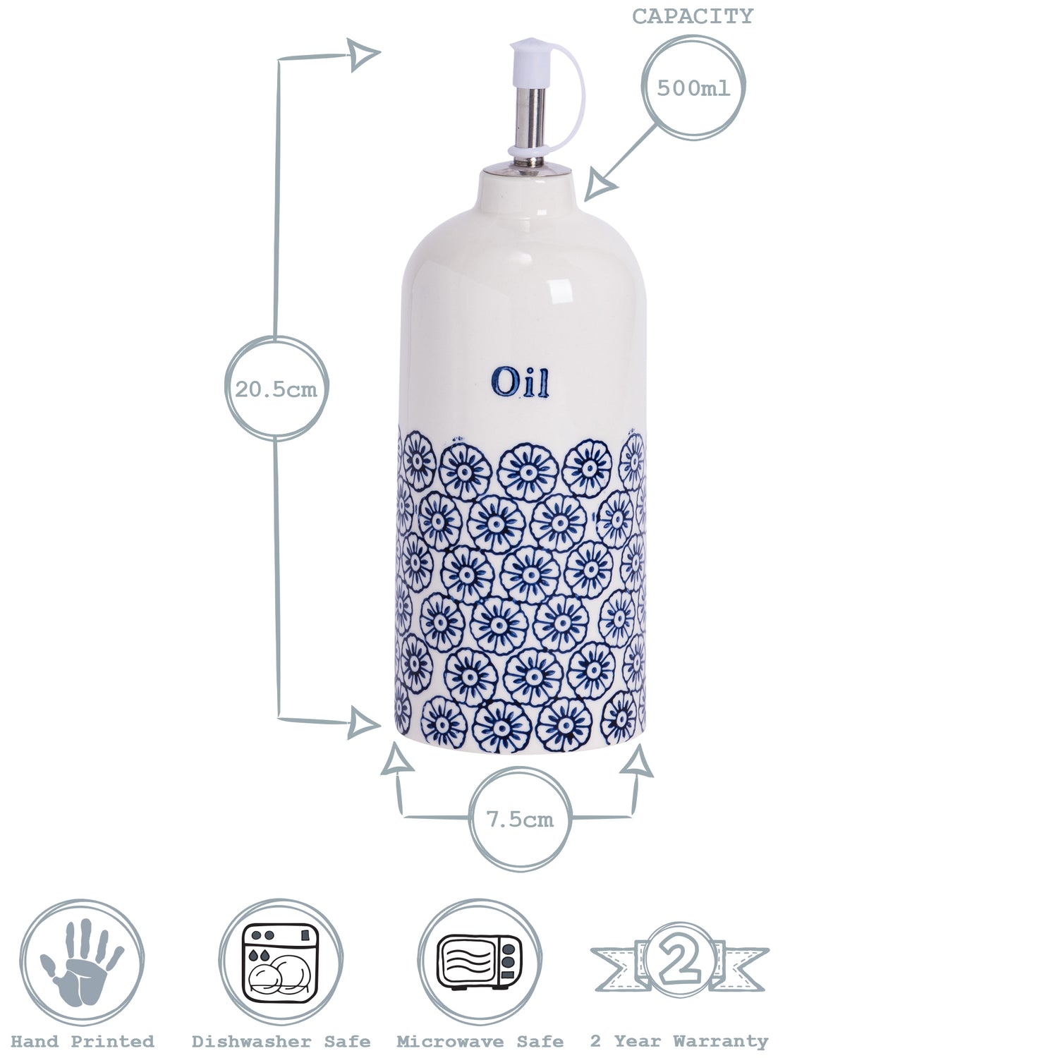 Nicola Spring Hand-Printed Japanese China Olive Oil Dispenser Bottle - Blue Floral - 500ml