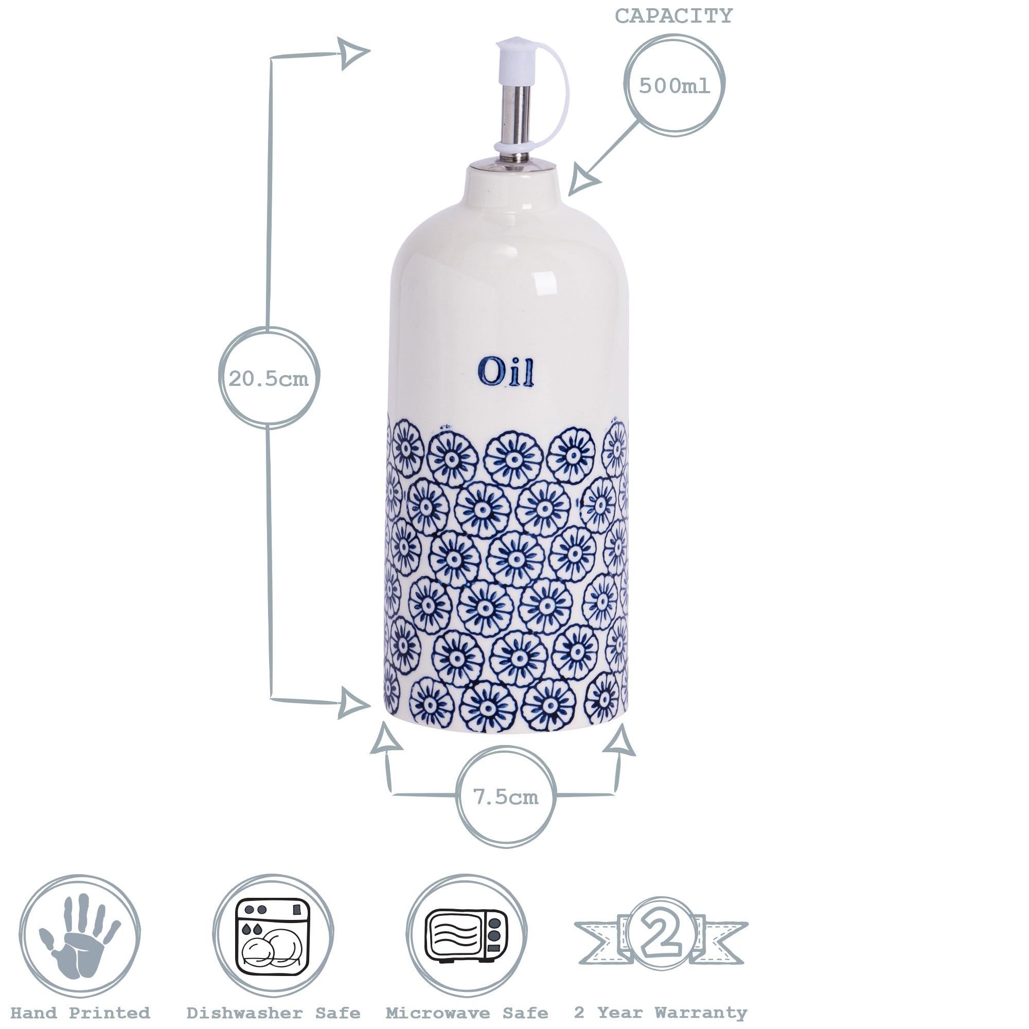 Nicola Spring Hand-Printed Japanese China Olive Oil Dispenser Bottle - Blue Floral - 500ml