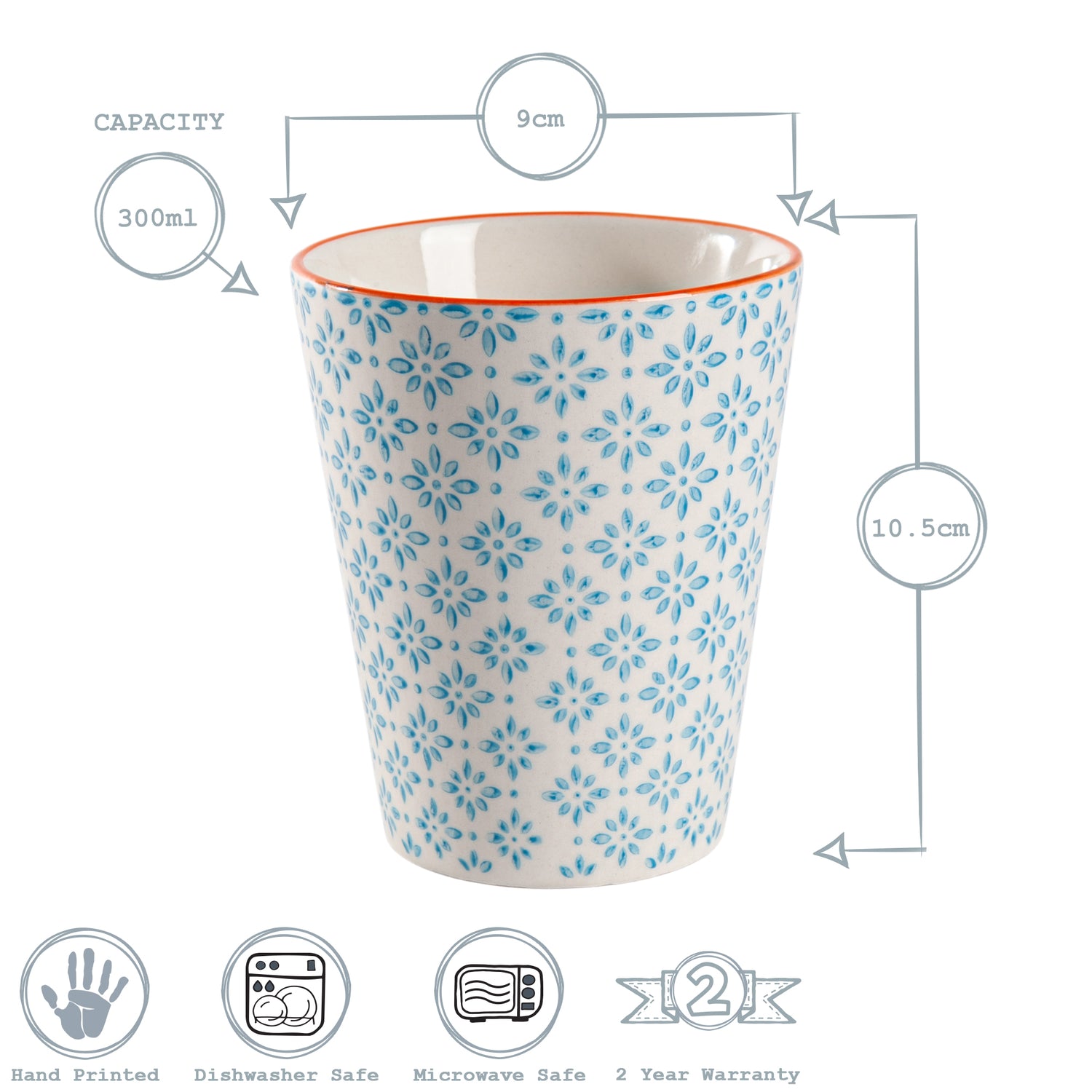 Nicola Spring Hand Printed Porcelain Mug - 300ml - Blue