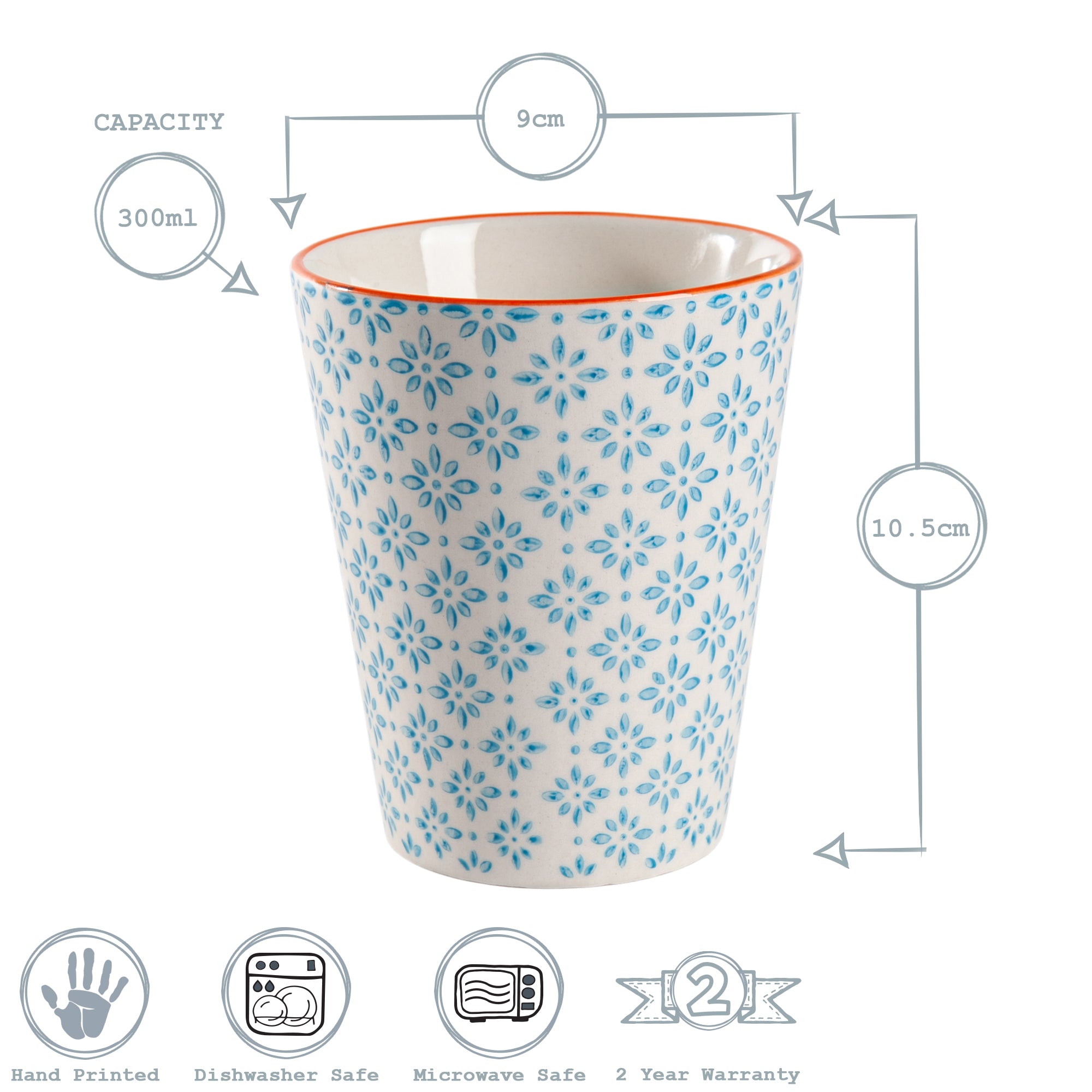 Nicola Spring Hand Printed Porcelain Mug - 300ml - Blue