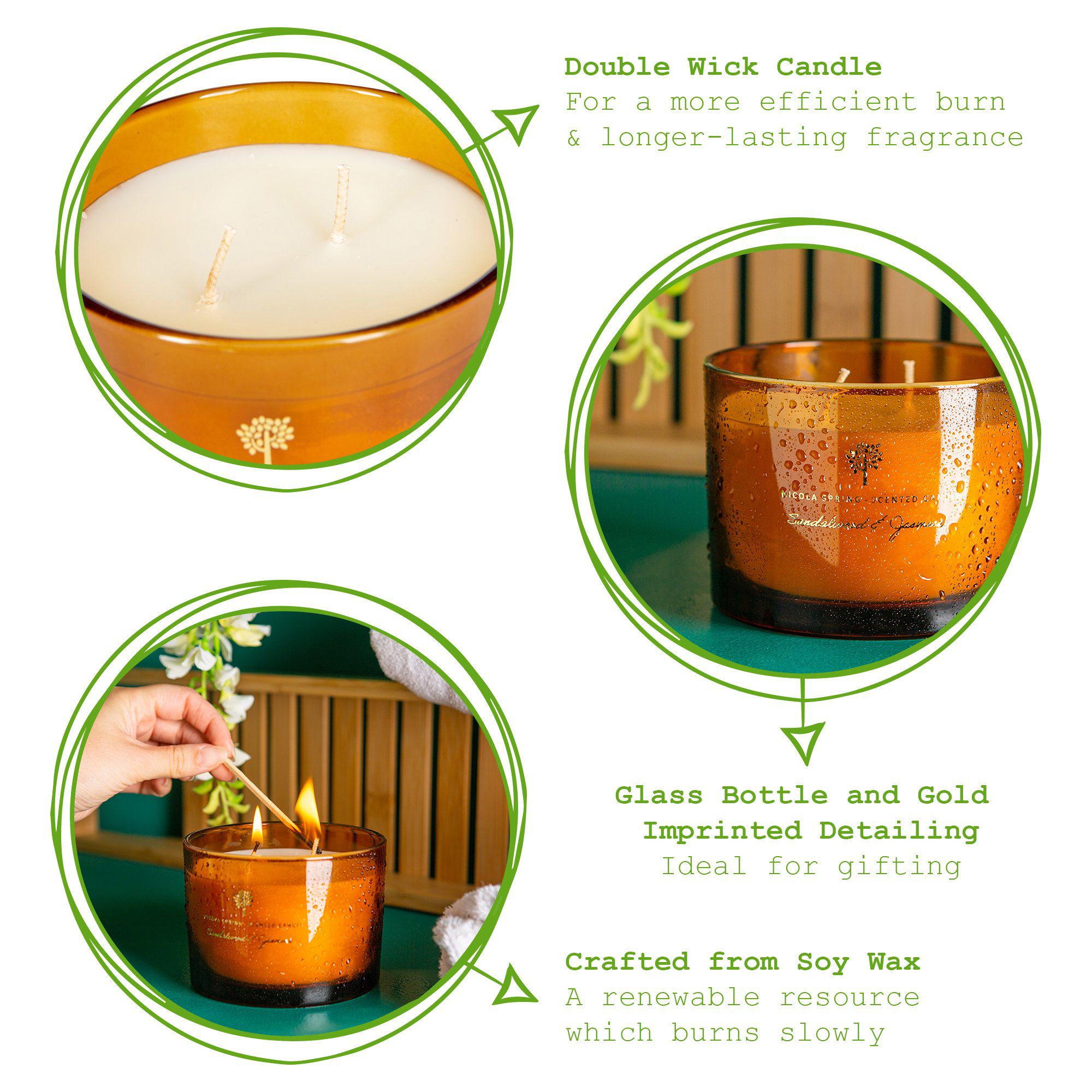 350g Double Wick Sandalwood & Jasmine Soy Wax Scented Candle - by Nicola Spring
