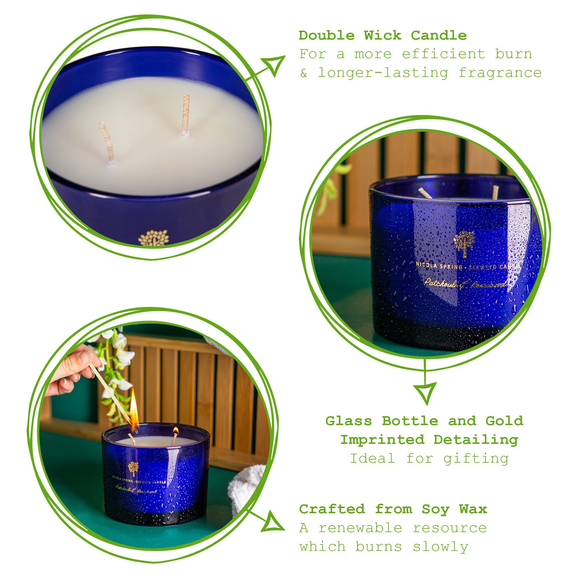 350g Double Wick Patchouli & Rosewood Soy Wax Scented Candle - by Nicola Spring