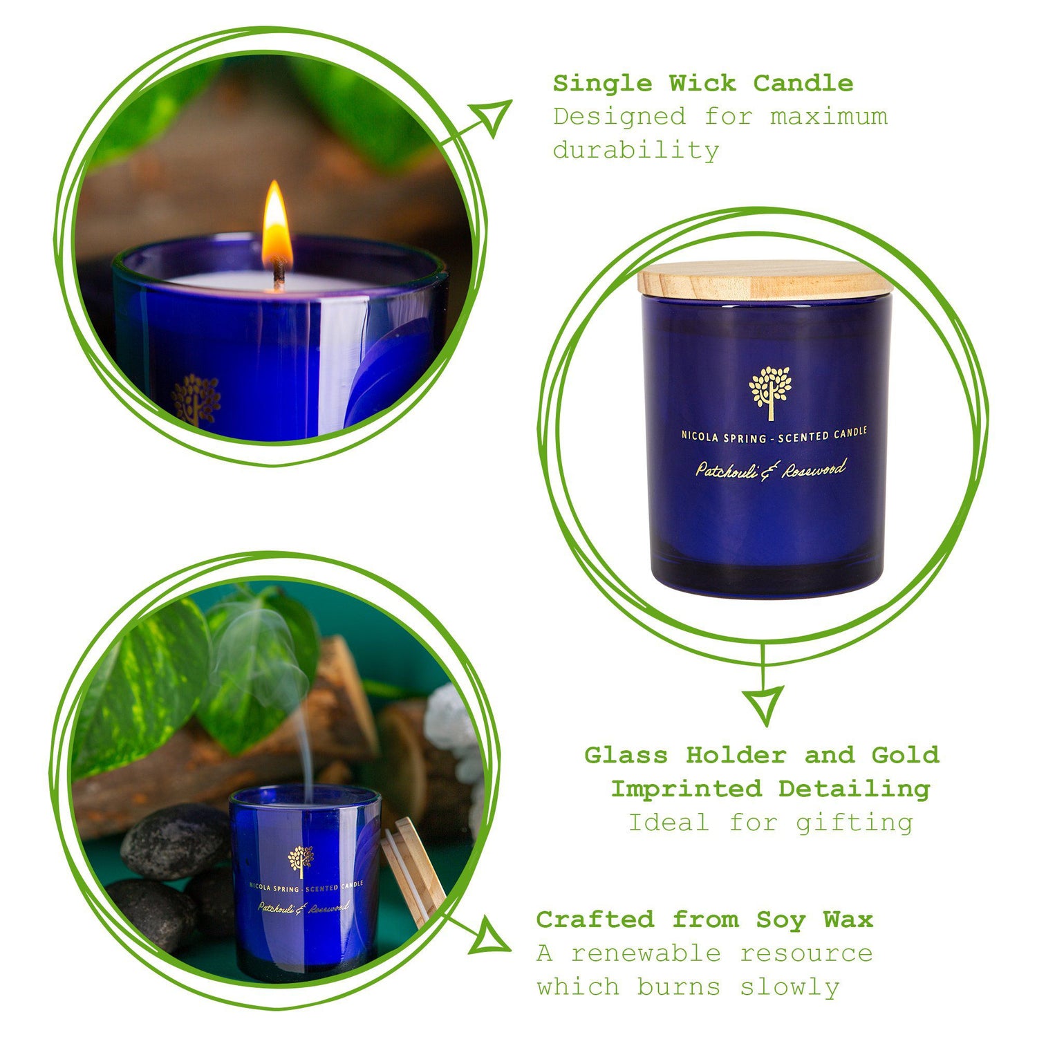 130g Patchouli & Rosewood Soy Wax Scented Candle - by Nicola Spring