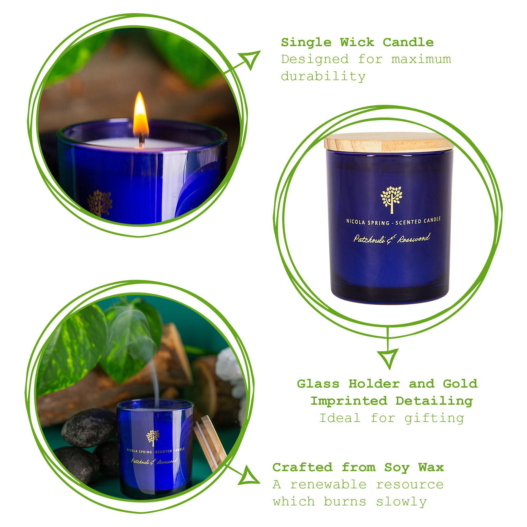 130g Patchouli & Rosewood Soy Wax Scented Candle - by Nicola Spring