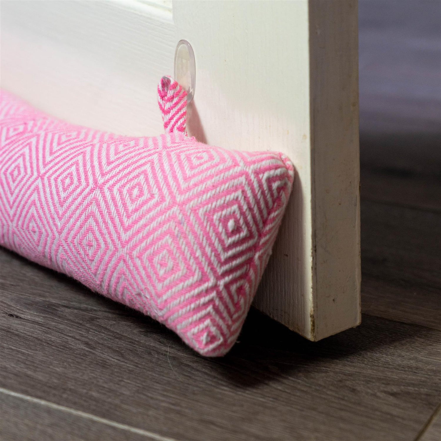 Nicola Spring Decorative Draught Excluder Pink 80cm Interior Door Lifestyle with Matching Door Stop