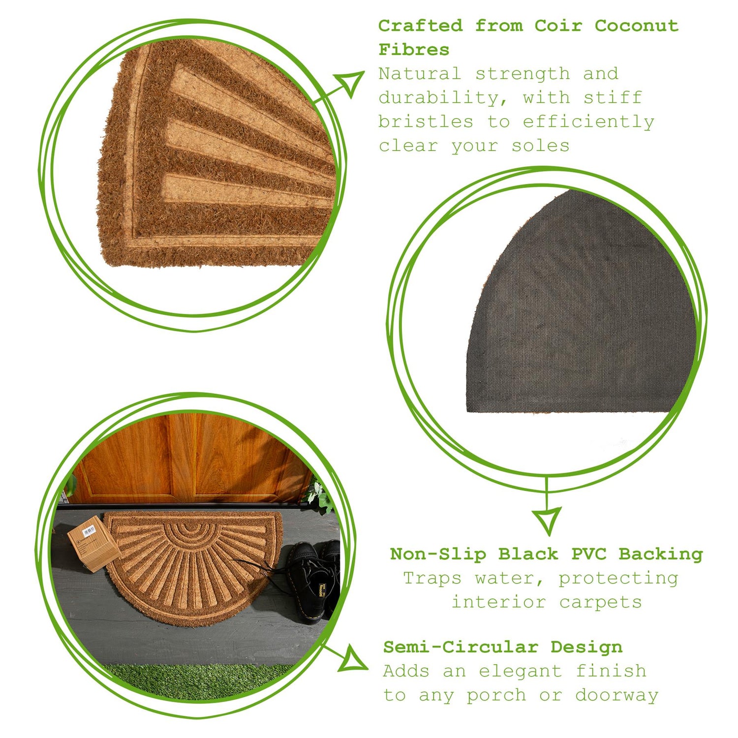 Coir Half Moon Door Mat - 60 x 40cm - Embossed