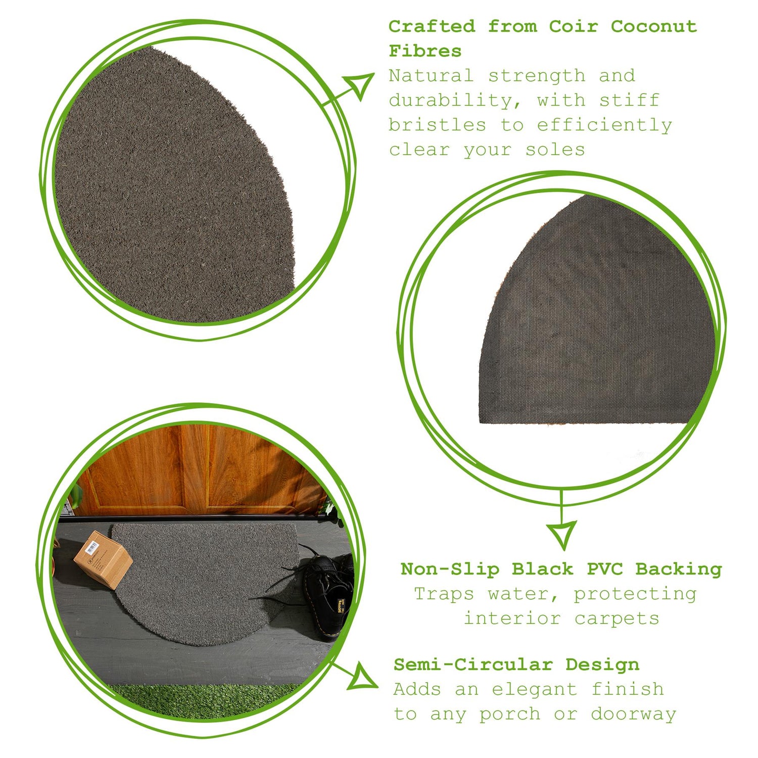 Coir Half Moon Door Mat - 60 x 40cm - Grey