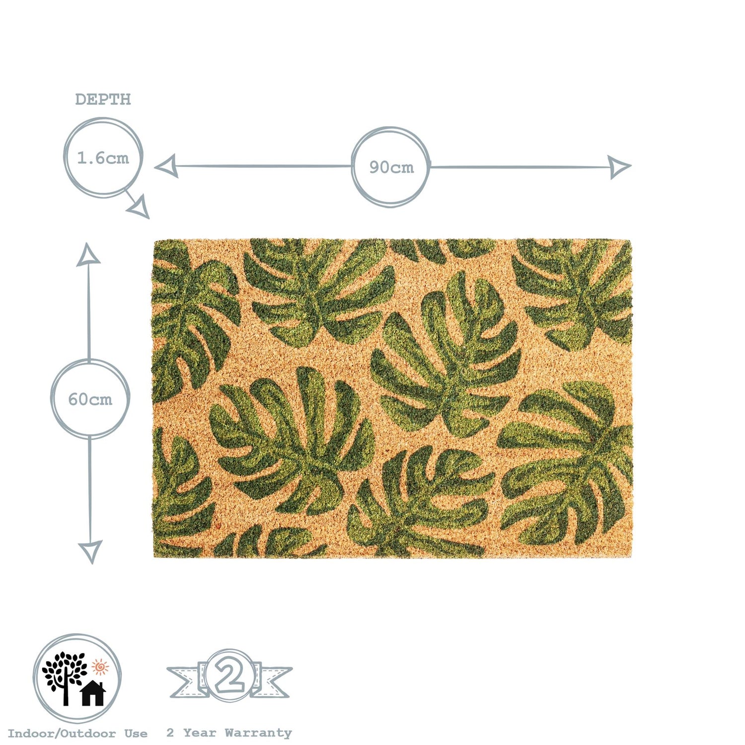 Nicola Spring Non-Slip Door Mat - 90 x 60cm - Banana Leaf