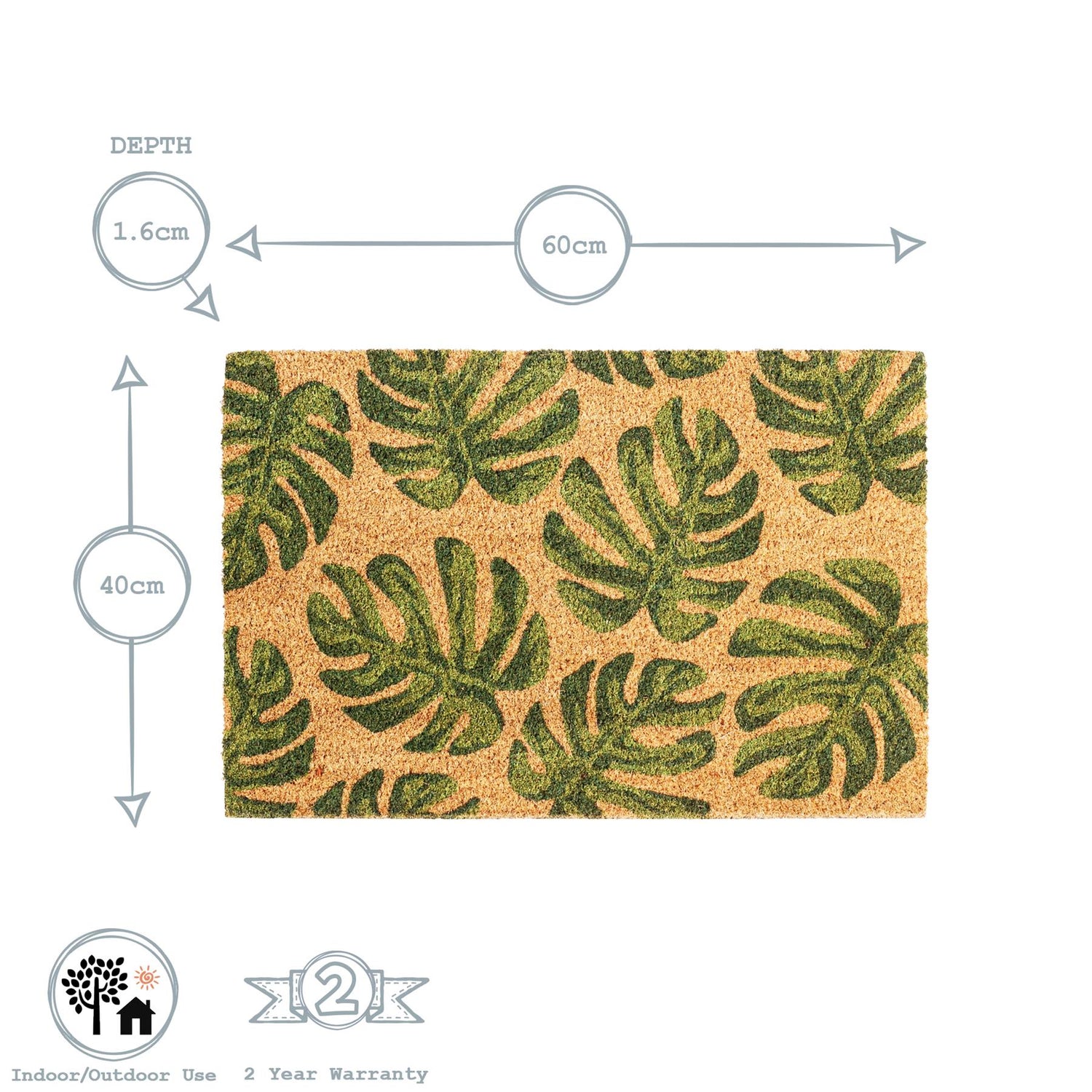Nicola Spring Non-Slip Door Mat - 60 x 40cm - Banana Leaf