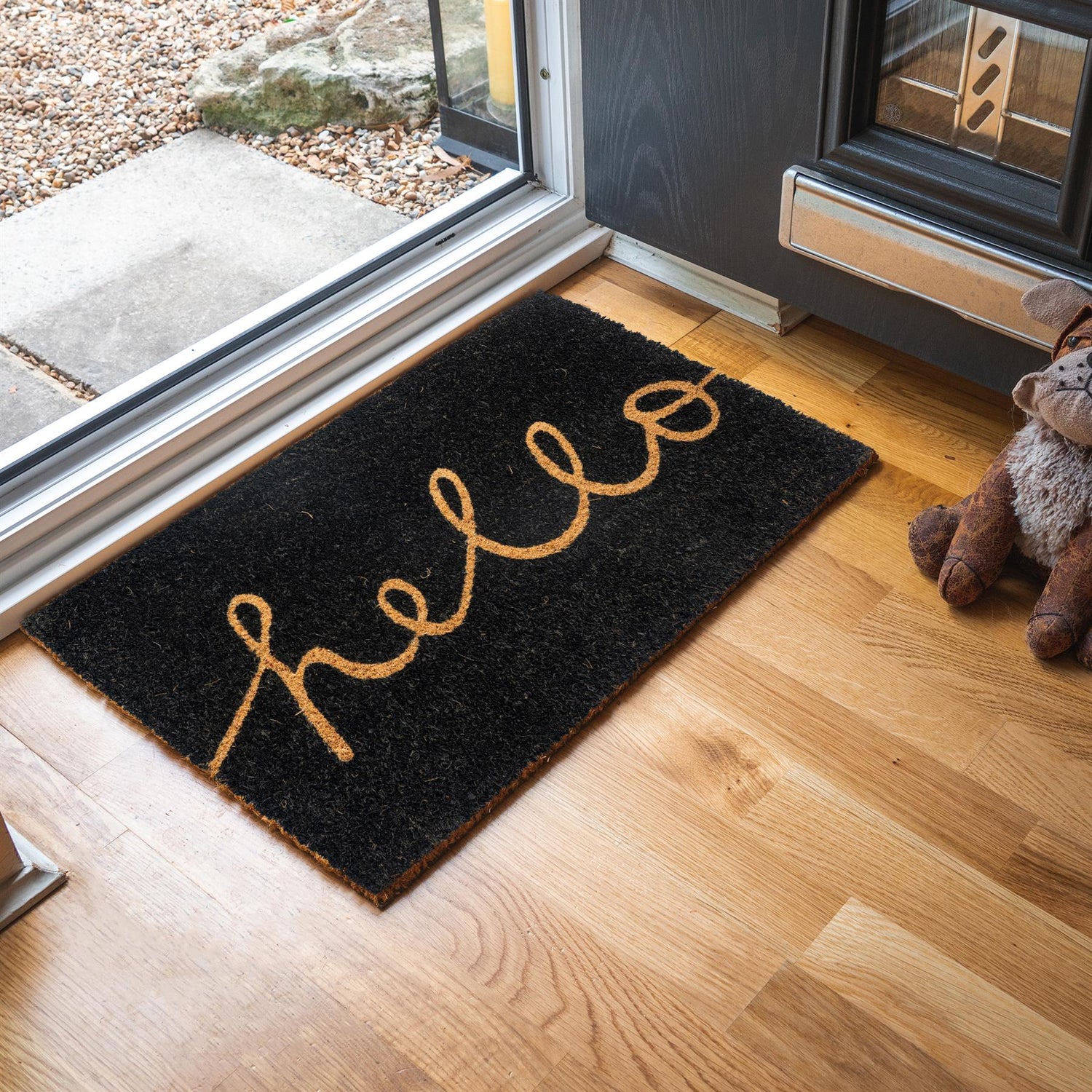 Nicola Spring Non-Slip Coir Door Mat - 60 x 40cm - Hello (Black) Interior Doorstep