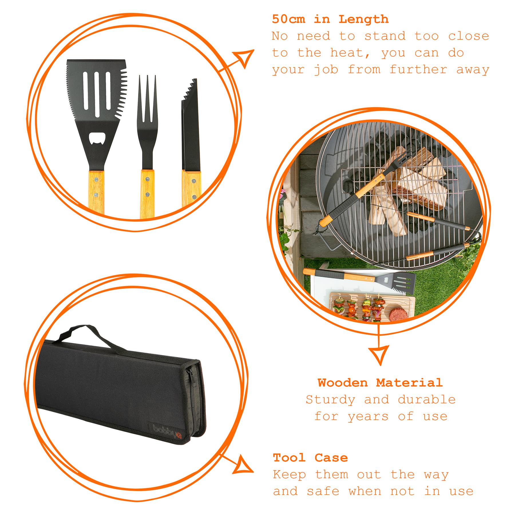 3 Piece Wooden BBQ Tools Set - Black/Black