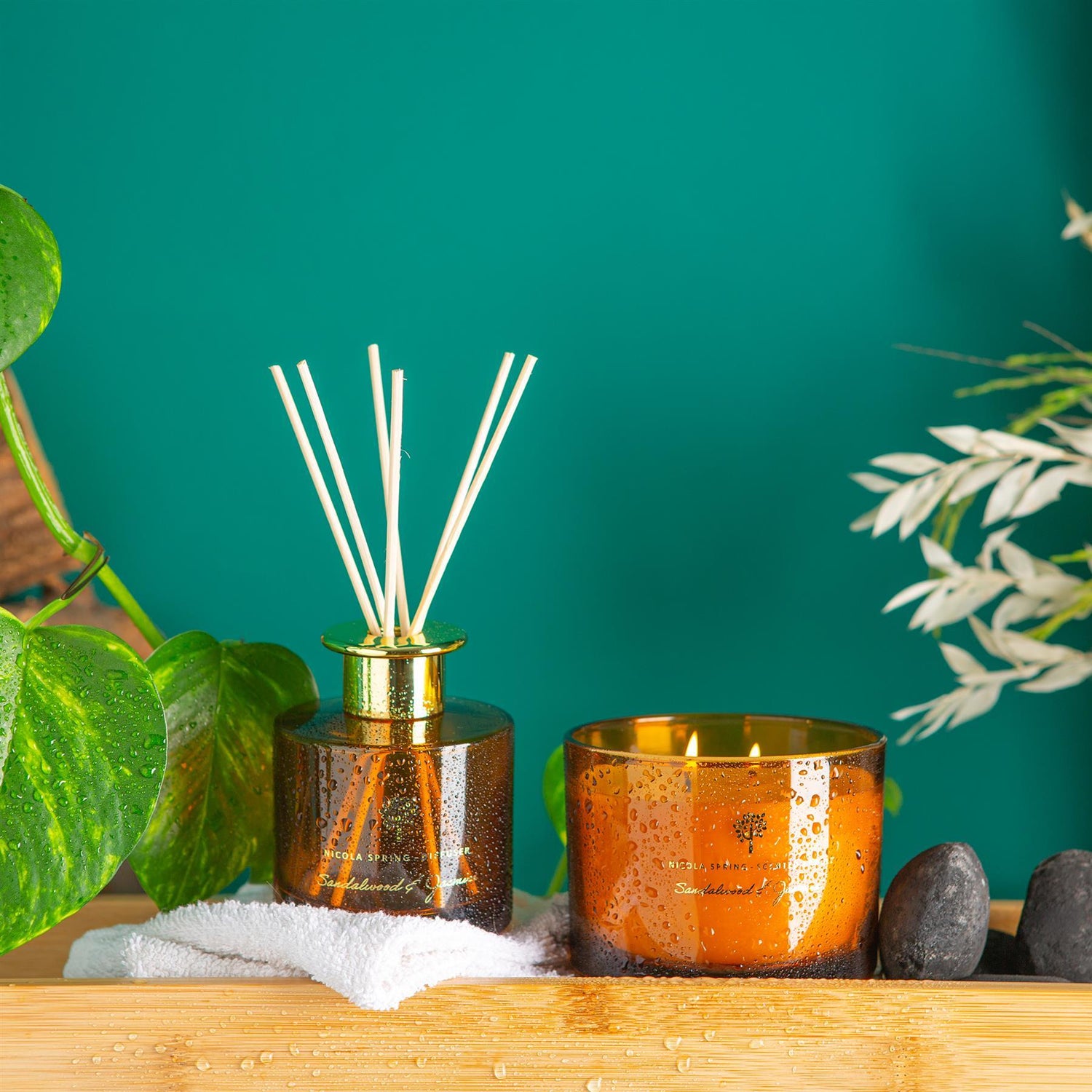 350g Double Wick Sandalwood & Jasmine Soy Wax Scented Candle - by Nicola Spring
