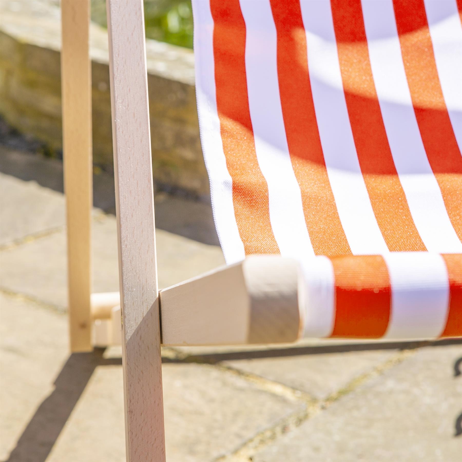 Beach Deck Chair - Red Orange Stripe with Beech Wood Frame