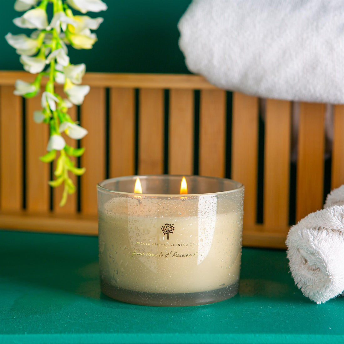 350g Double Wick Green Pomelo & Passion Fruit Soy Wax Scented Candle - by Nicola Spring