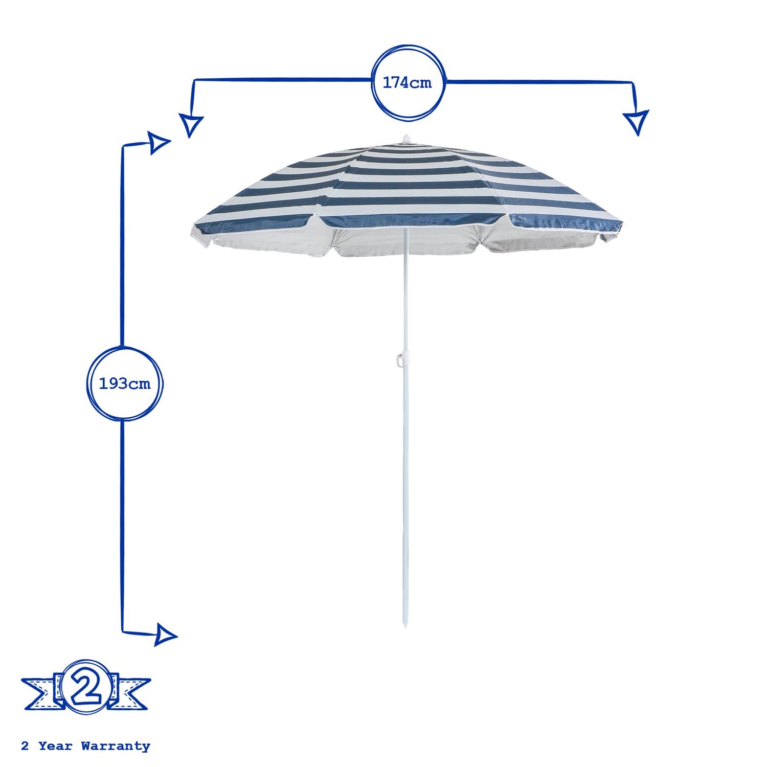 Metal Beach Parasol - 1.74 x 1.93m - Blue Stripe