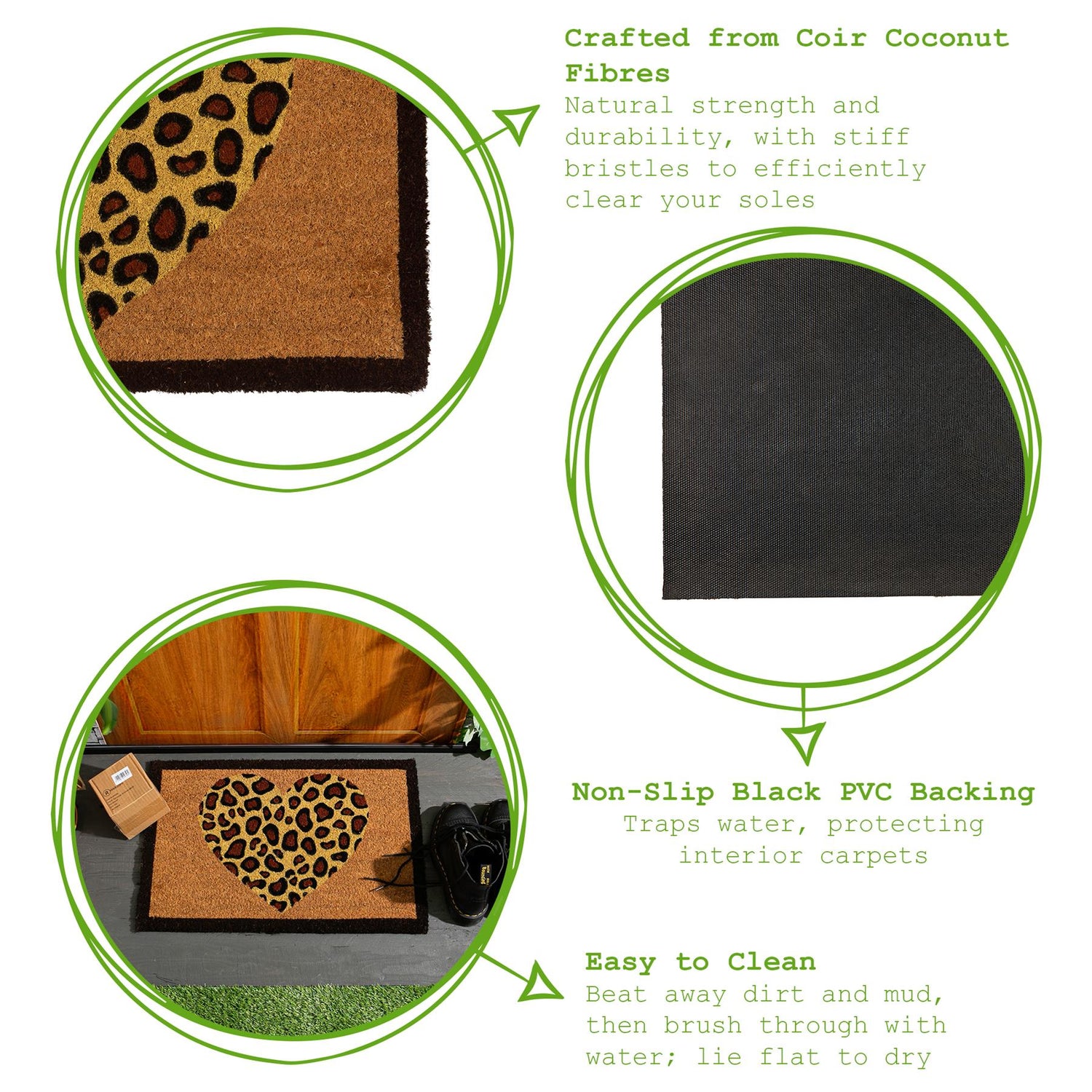 Coir Door Mat - 60 x 40cm - Leopard Heart