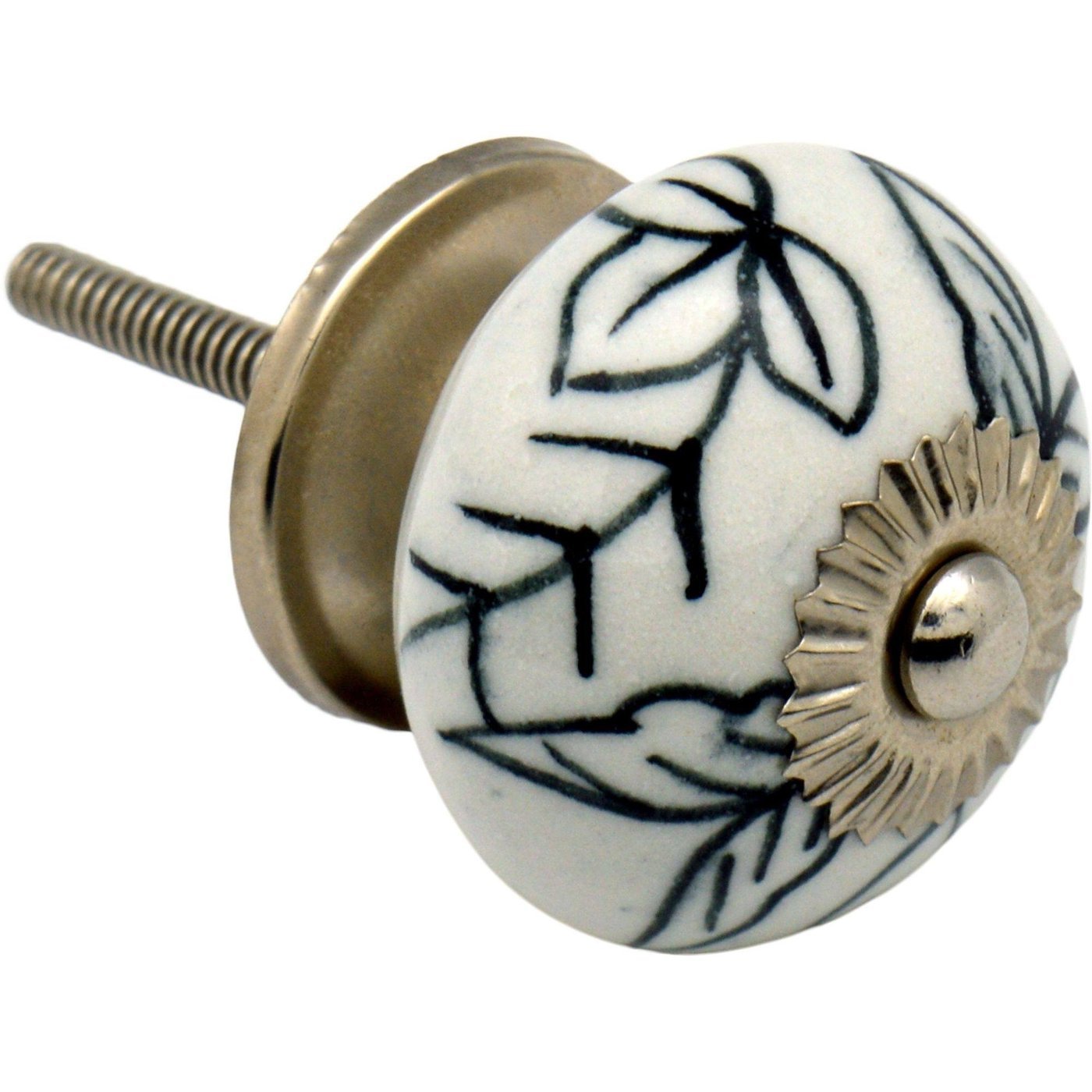 Nicola Spring Floral Ceramic Door Knob and Handle - Black and White Summer Leaf