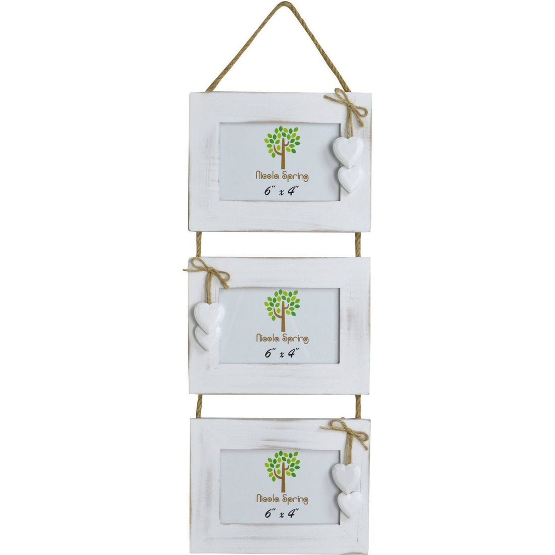 Nicola Spring Triple Wooden Hanging Picture Frame - 6x4 - White with White Hearts