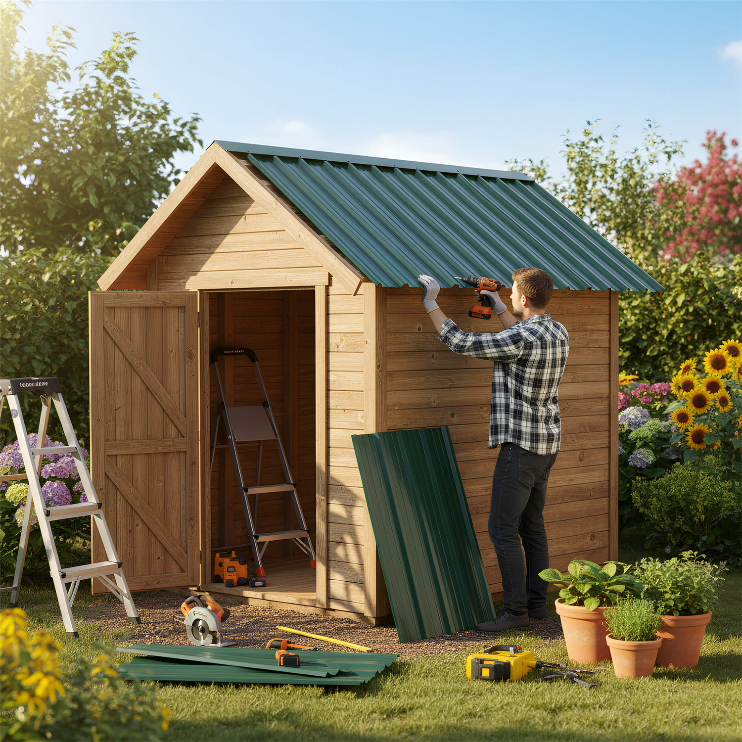 Corrugated Metal Roofing Sheets - 110 x 46cm - Green - Pack of 14