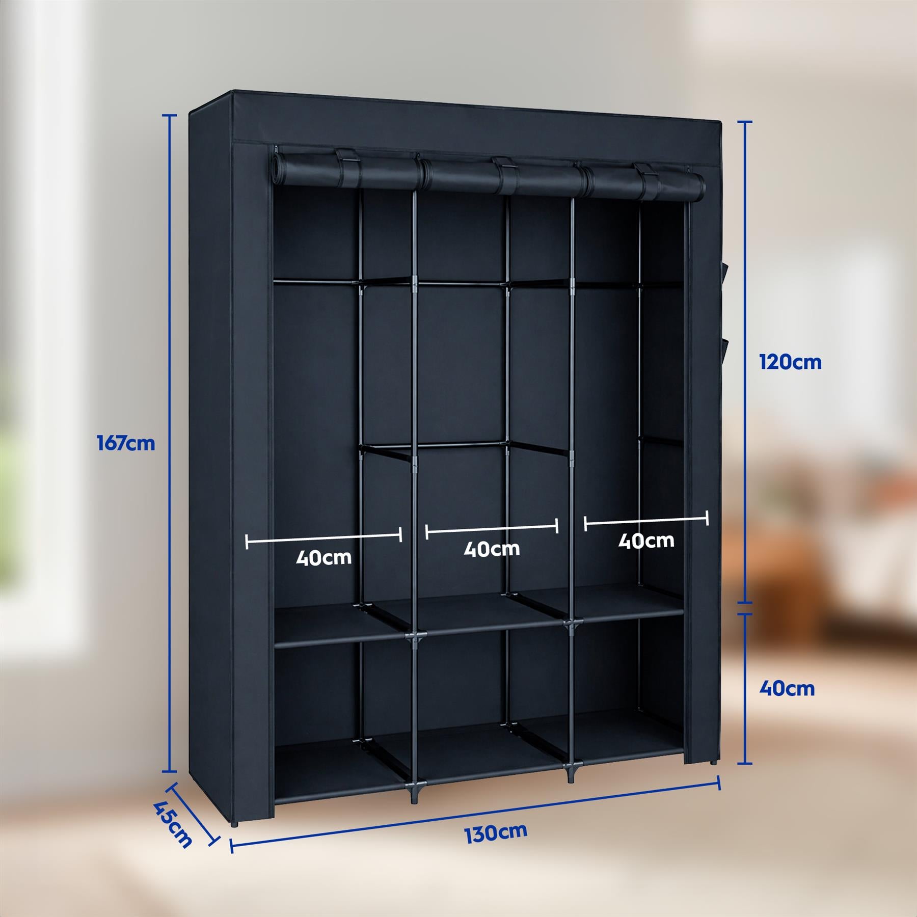 Portable Fabric Wardrobe - 130 x 45 x 167cm - Black
