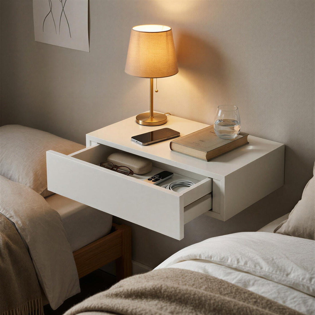 Wooden Floating Shelf with Drawer - 40cm - White