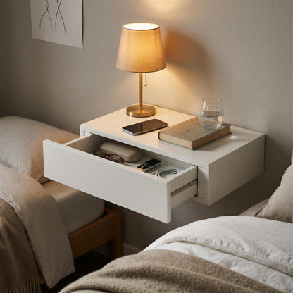 Wooden Floating Shelf with Drawer - 40cm - White