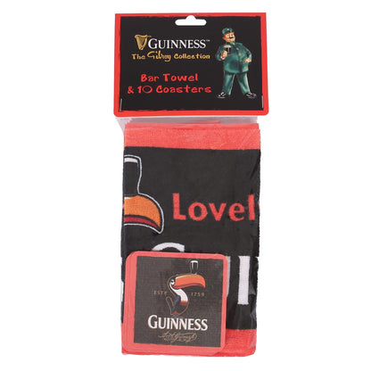 Guinness Toucan Bar Towel &amp; Coasters Set - 23 x 48cm - Black/Red