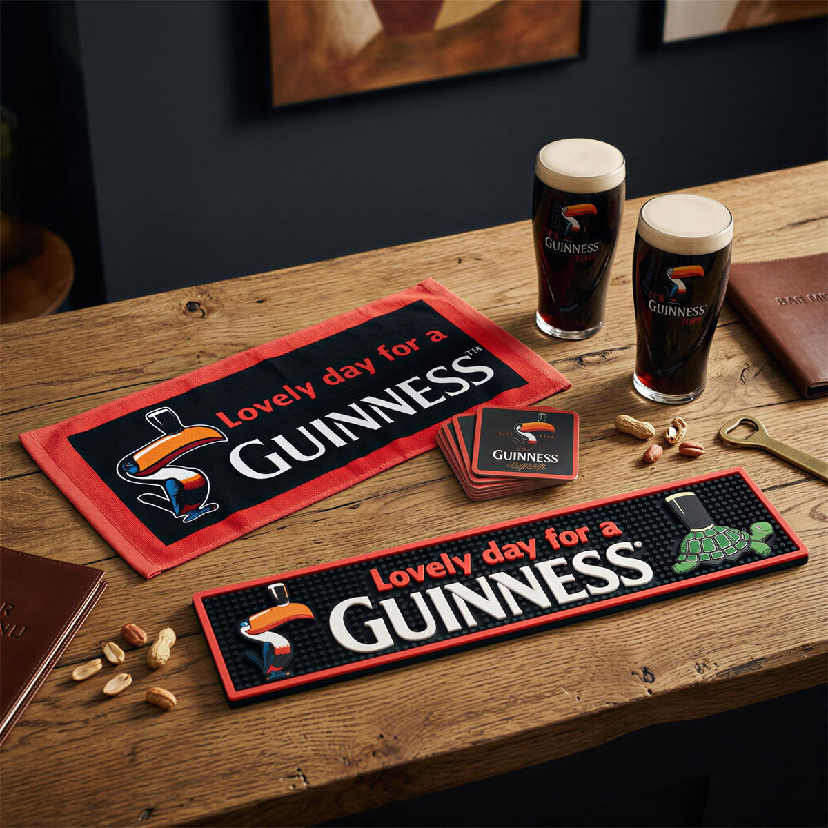 Guinness Toucan Bar Towel &amp; Coasters Set - 23 x 48cm - Black/Red