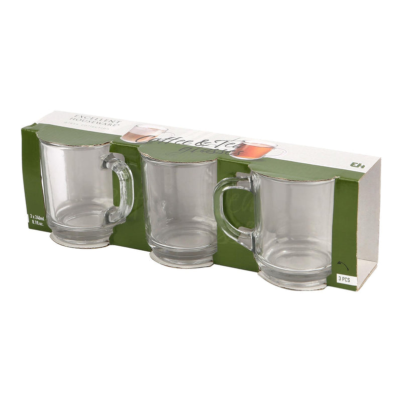 240ml Glass Mugs - Pack of 3 - By Excellent Houseware