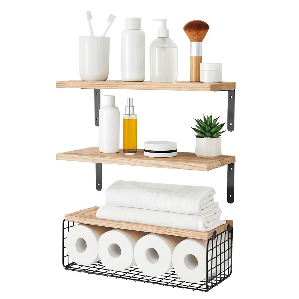 Set of 3 Rustic Wooden Bathroom Shelves with Wire Storage Basket