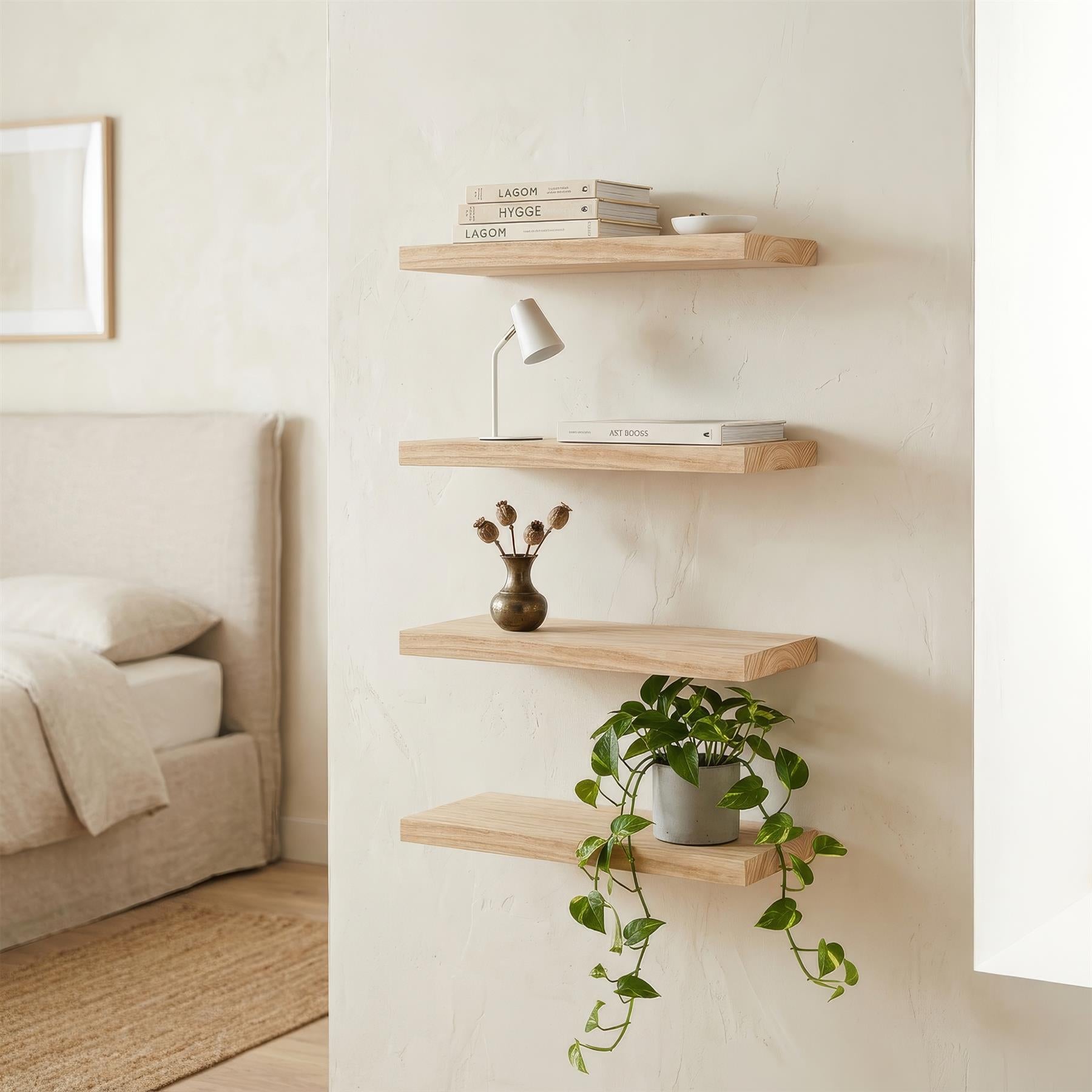 4 Piece Rustic Wooden Floating Shelf Set - 40cm