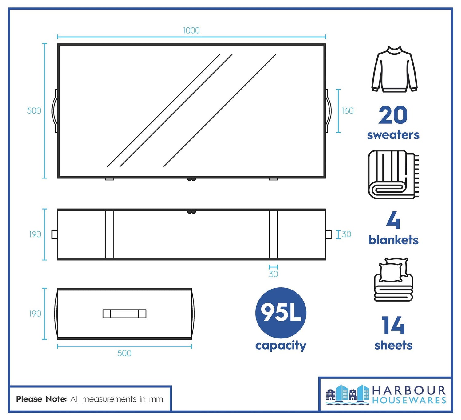 95 Litre Under Bed Storage Bags with Lid - Grey - Pack of 5