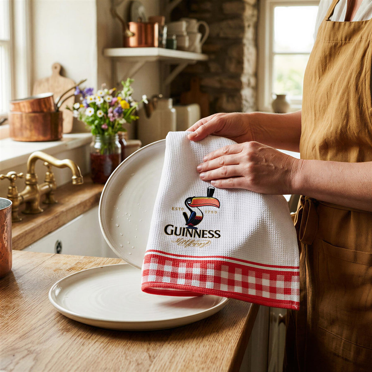 Guinness Toucan Waffle Tea Towel - 48 x 65cm - White/Red