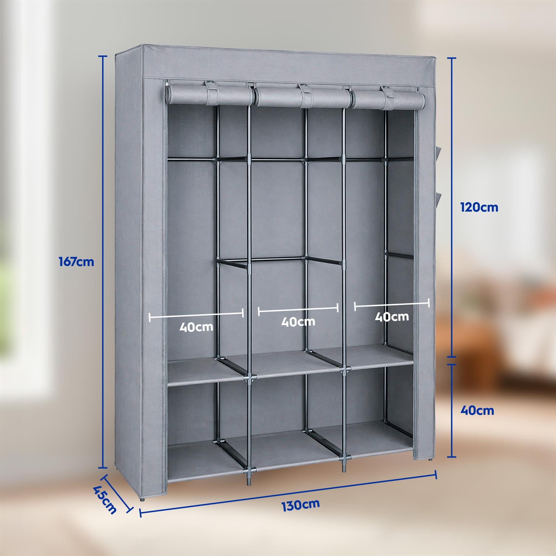 Portable Fabric Wardrobe - 130 x 45 x 167cm - Grey