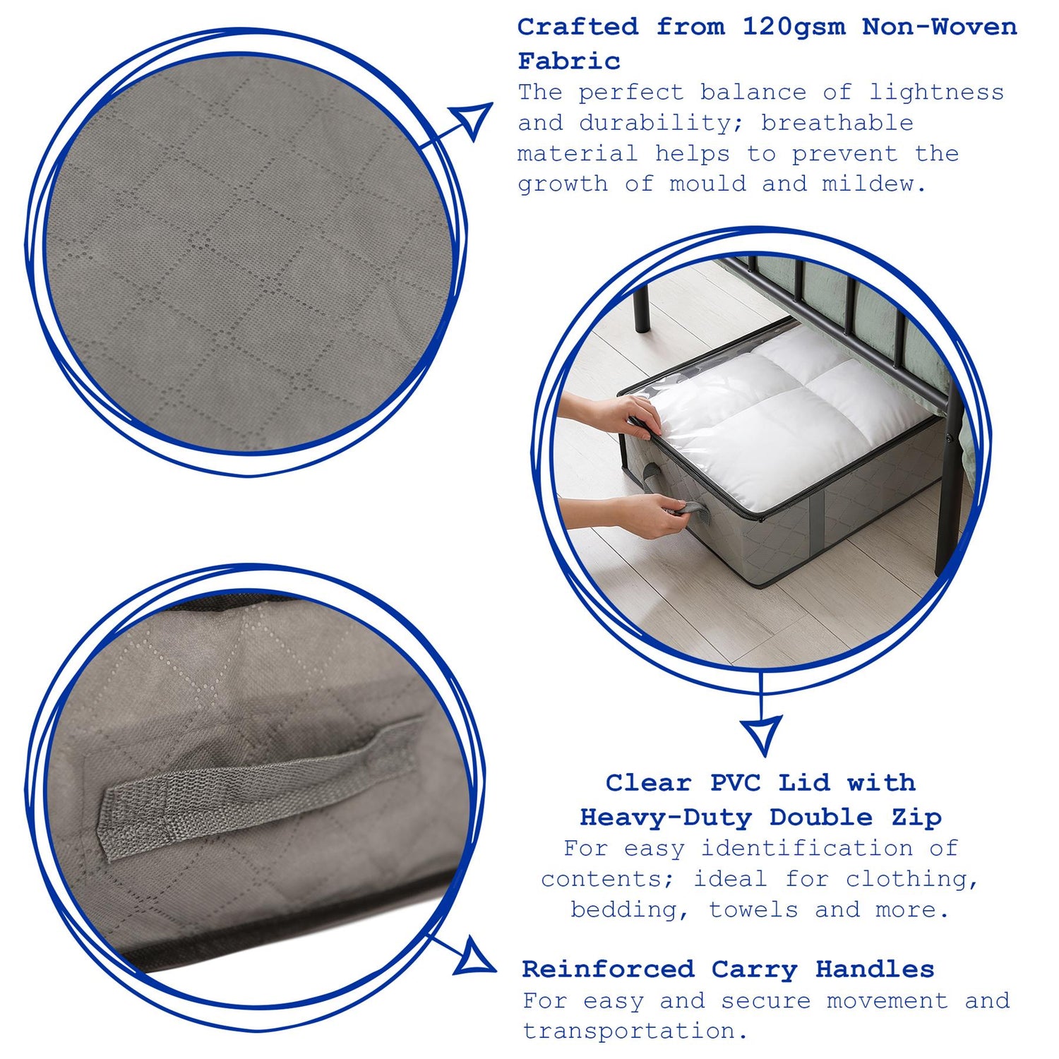 95 Litre Under Bed Storage Bags with Lid - Grey - Pack of 5