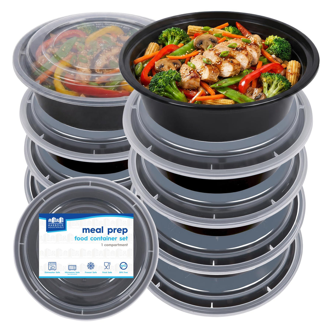 Round Reusable Meal Prep Containers - 1 Compartment (880ml) - Pack of 10