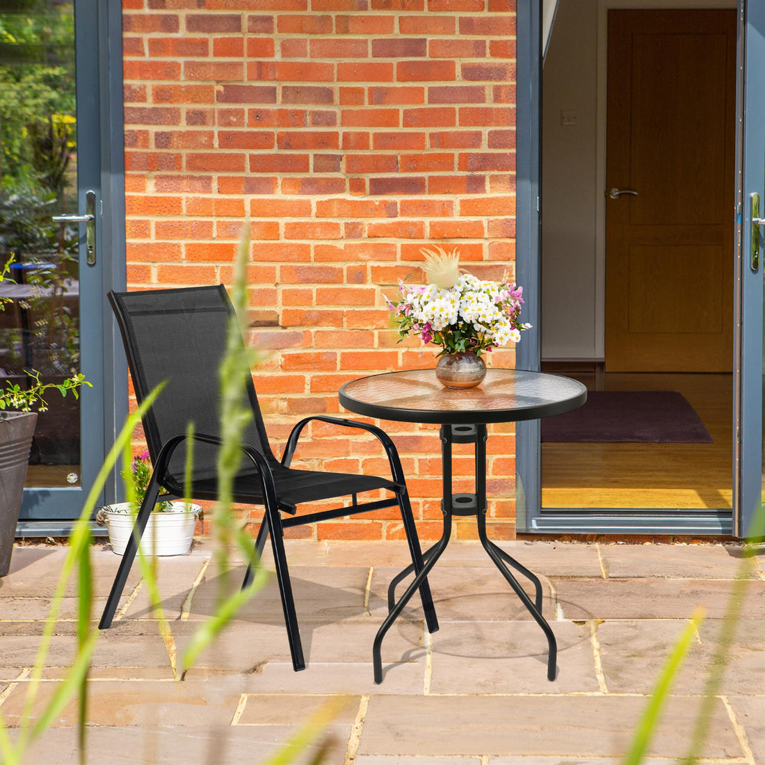 Sussex Round Glass Top Garden Dining Table - 60cm x 70cm - Black